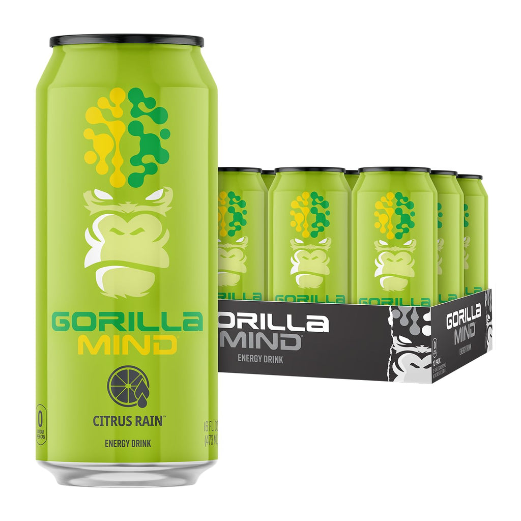 Gorilla Mind Energy Drink | Unmatched Energy · Amplified Focus | N-Acetyl-L-Tyrosine, Alpha-GPC, 200mg Caffeine, Uridine, Saffron | 0 Sugar Or Artificial Colors | 16oz, 12-Pack (Citrus Rain)