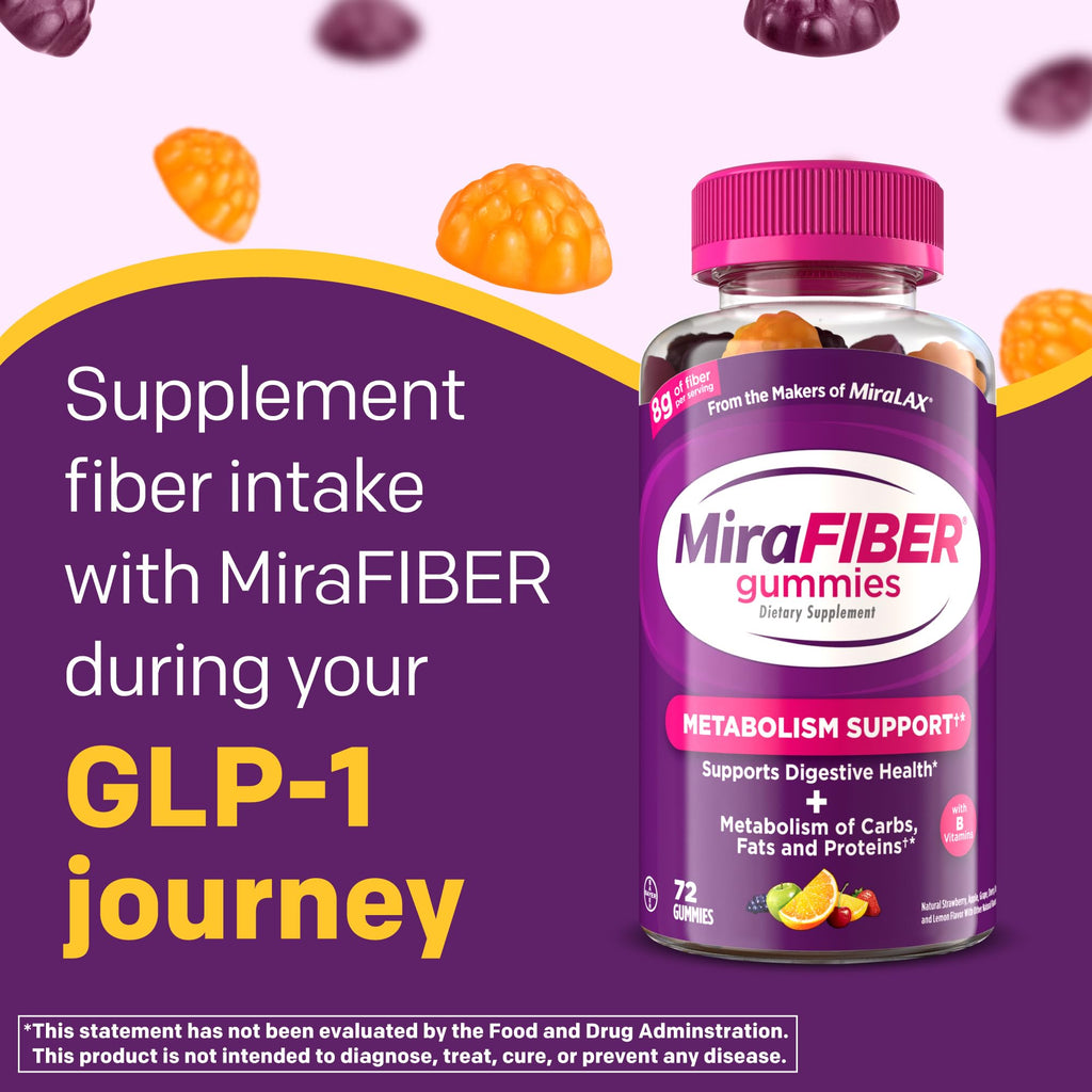 MiraFIBER Gummies from The Makers of MiraLAX, 8g of Daily Fiber Per Serving, Metabolism Support with B Vitamins, Gut Health for Men & Women,Prebiotic Fiber Gummies for Adults, Mixed Fruit Flavor 72Ct
