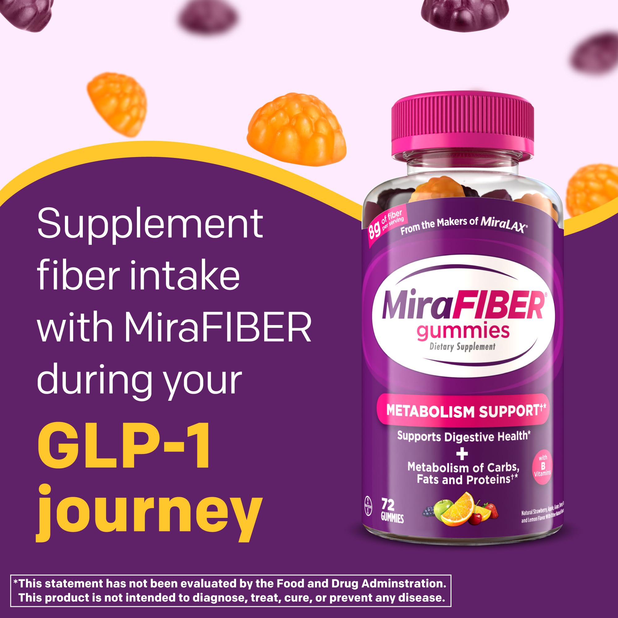 MiraFIBER Gummies from The Makers of MiraLAX, 8g of Daily Fiber Per Serving, Metabolism Support with B Vitamins, Gut Health for Men & Women,Prebiotic Fiber Gummies for Adults, Mixed Fruit Flavor 72Ct
