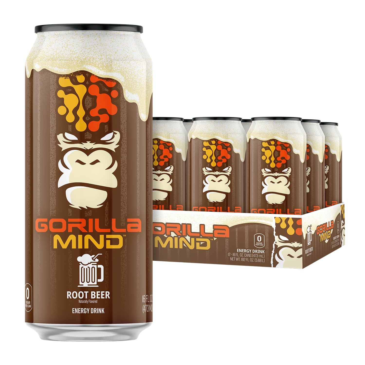 Gorilla Mind Energy Drink | Unmatched Energy · Amplified Focus | N-Acetyl-L-Tyrosine, Alpha-GPC, 200mg Caffeine, Uridine, Saffron | 0 Sugar Or Artificial Colors | 16oz, 12-Pack (Root Beer)