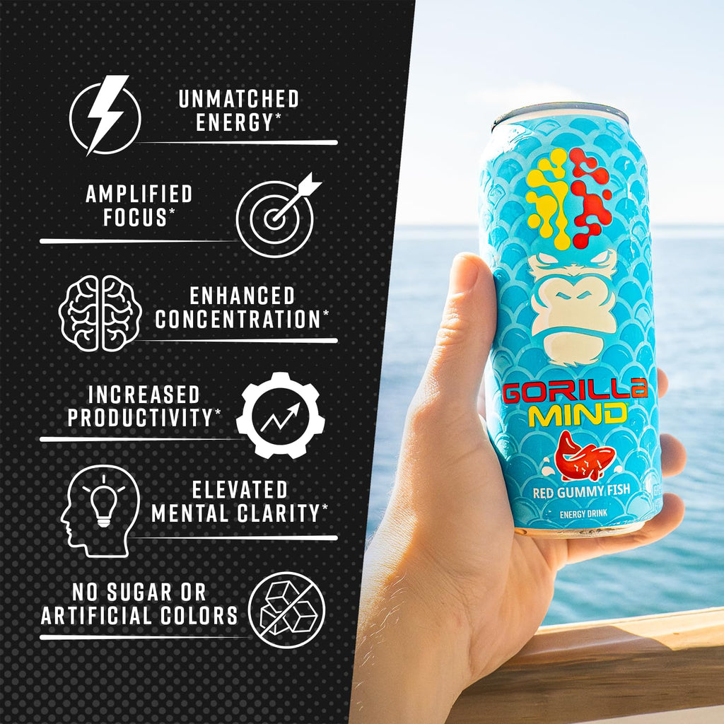 Gorilla Mind Energy Drink | Unmatched Energy · Amplified Focus | N-Acetyl-L-Tyrosine, Alpha-GPC, 200mg Caffeine, Uridine, Saffron | 0 Sugar Or Artificial Colors | 16oz, 12-Pack (White Frost)