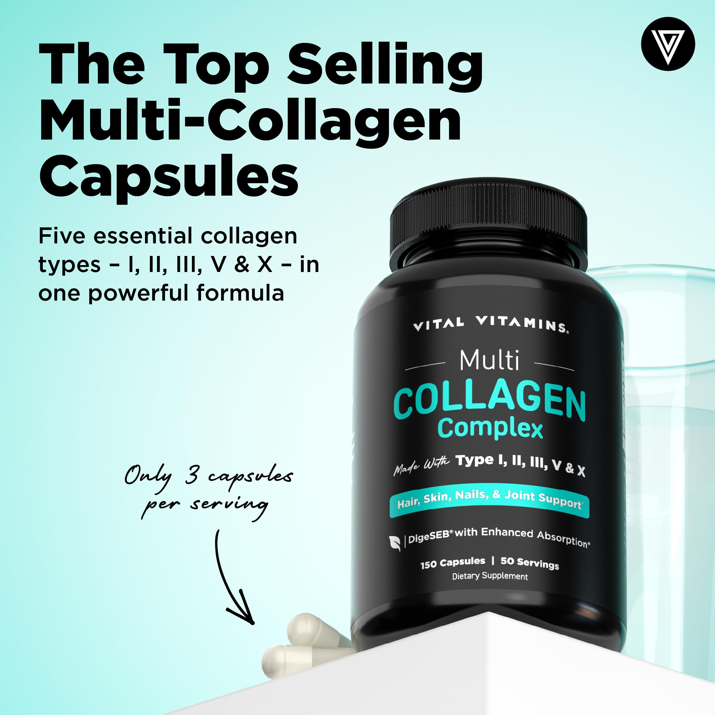 Vital Vitamins Multi Collagen for Women & Men - Type I, II, III, V, X - Grass Fed, Non-GMO - 150 Capsules