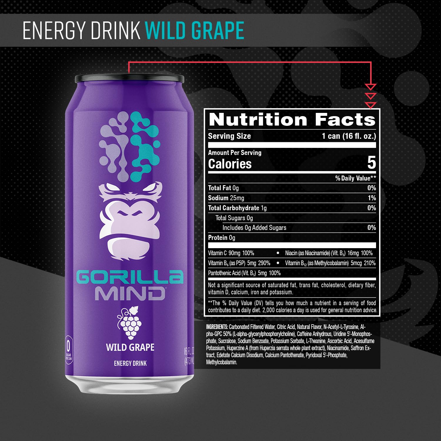 Gorilla Mind Energy Drink | Unmatched Energy · Amplified Focus | N-Acetyl-L-Tyrosine, Alpha-GPC, 200mg Caffeine, Uridine, Saffron | 0 Sugar Or Artificial Colors | 16oz, 12-Pack (Wild Grape)