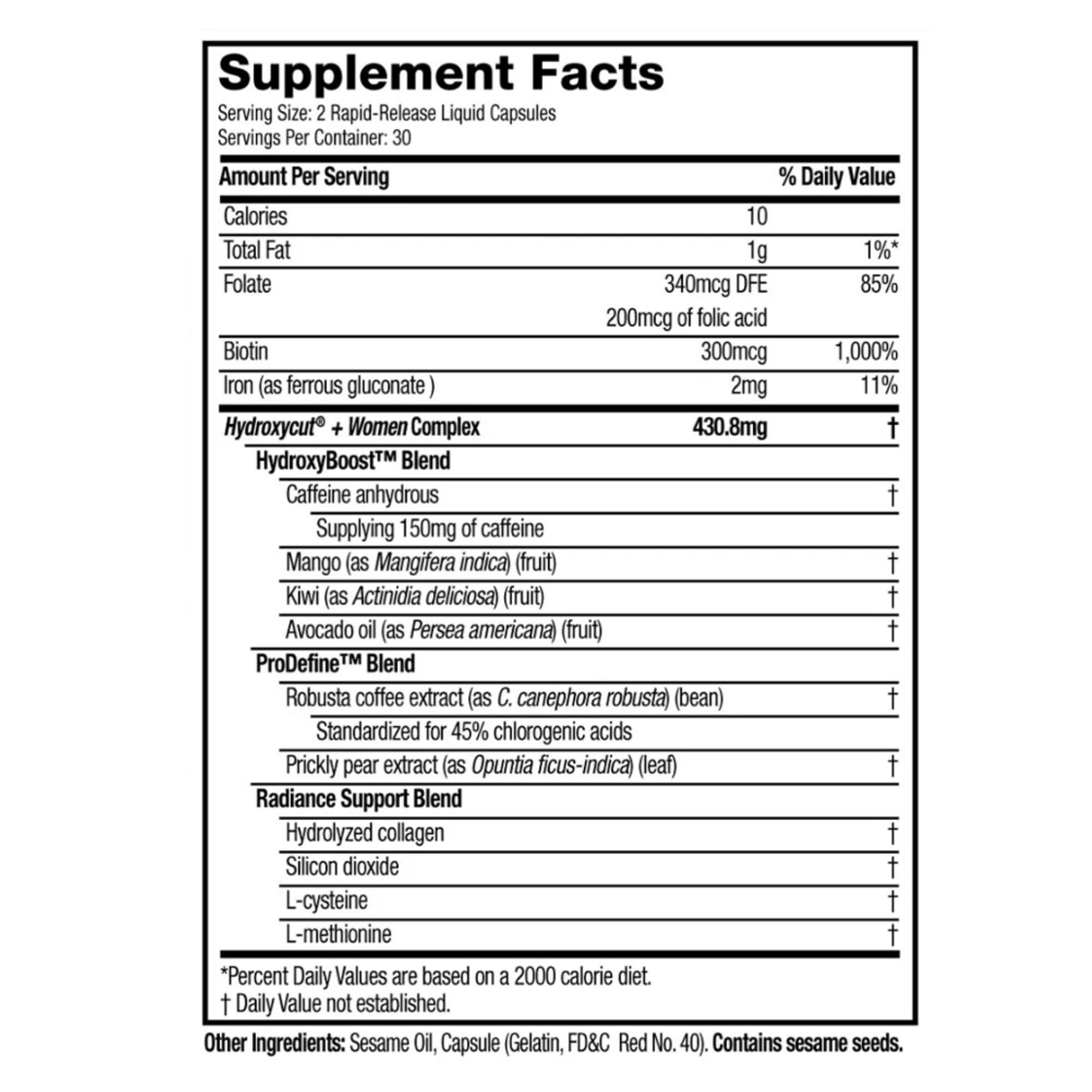 Hydroxycut +Women - Thermogenic Support Formula - Energy & Metabolism Support - C. Canephora Robusta, Collagen, Biotin, Iron & Folate - Rapid Release Liquid Capsules - for Women - 60 Capsules