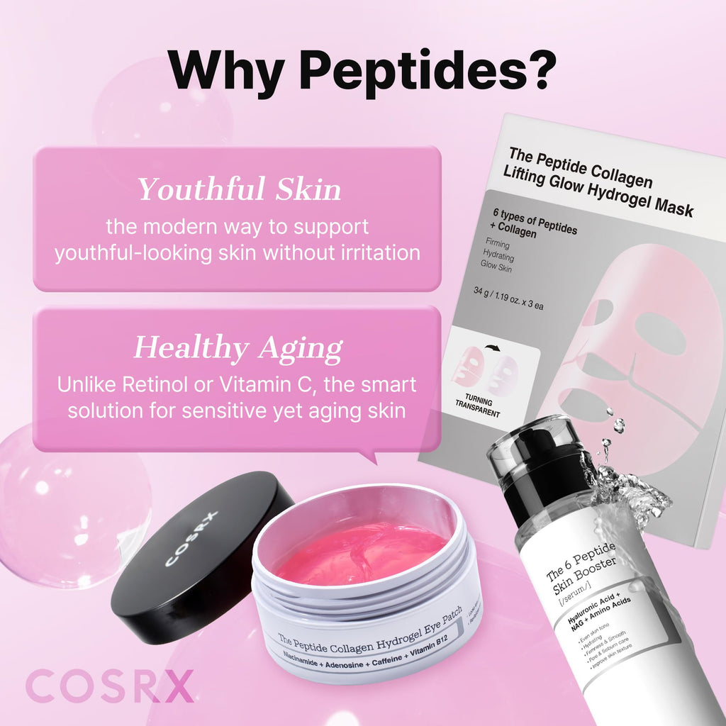 COSRX Pink Peptides Collagen Hydrogel Eye Patch for Puffy Eyes, Cooling & Firming Under Eye Patches with 4-Peptide & Caffeine (60), Depuffing Gel Eye Mask, Korean Skin Care
