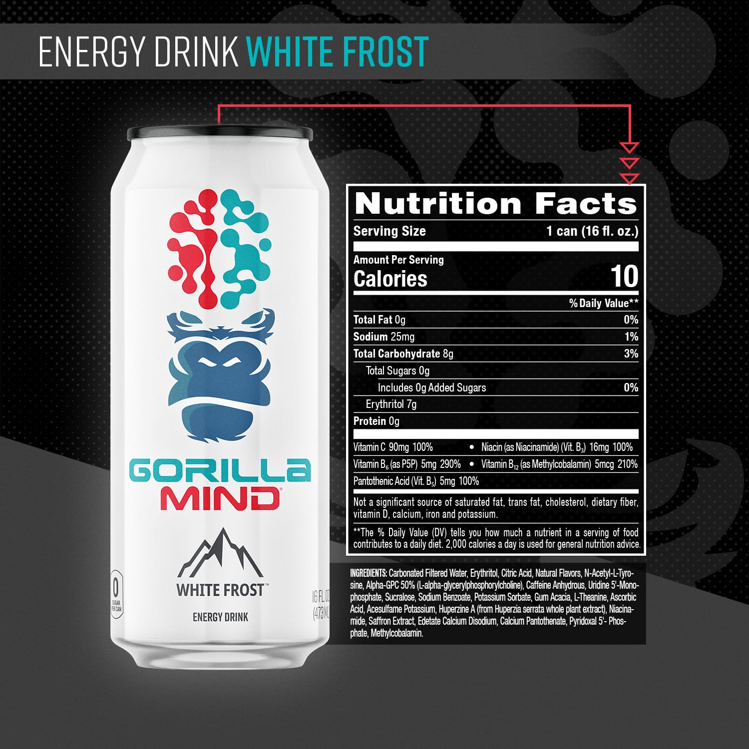 Gorilla Mind Energy Drink | Unmatched Energy · Amplified Focus | N-Acetyl-L-Tyrosine, Alpha-GPC, 200mg Caffeine, Uridine, Saffron | 0 Sugar Or Artificial Colors | 16oz, 12-Pack (White Frost)