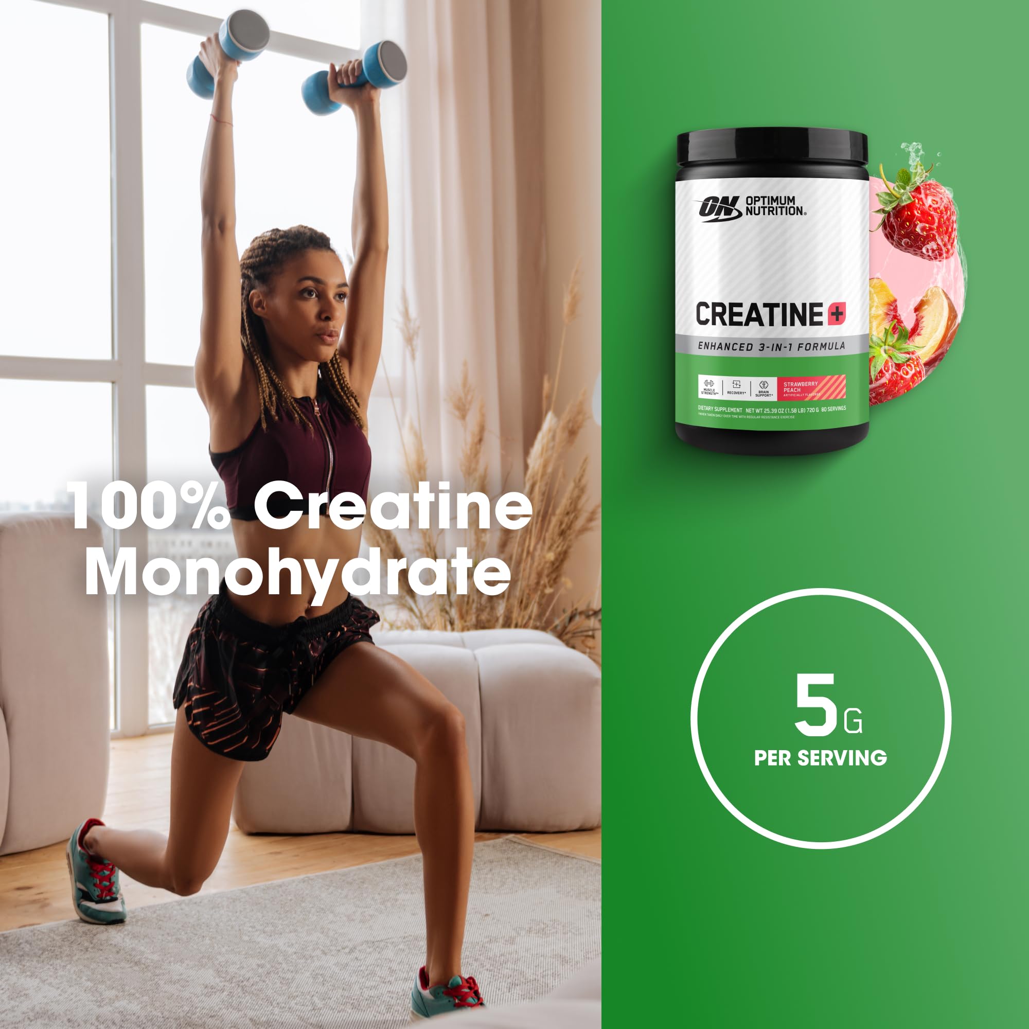 Optimum Nutrition Creatine Monohydrate Plus Powder, Strawberry Peach Flavored Creatine Performance Blend, with Electrolytes for Hydration, Added Vitamins, 80 Servings, 720 Grams (Packaging May Vary)