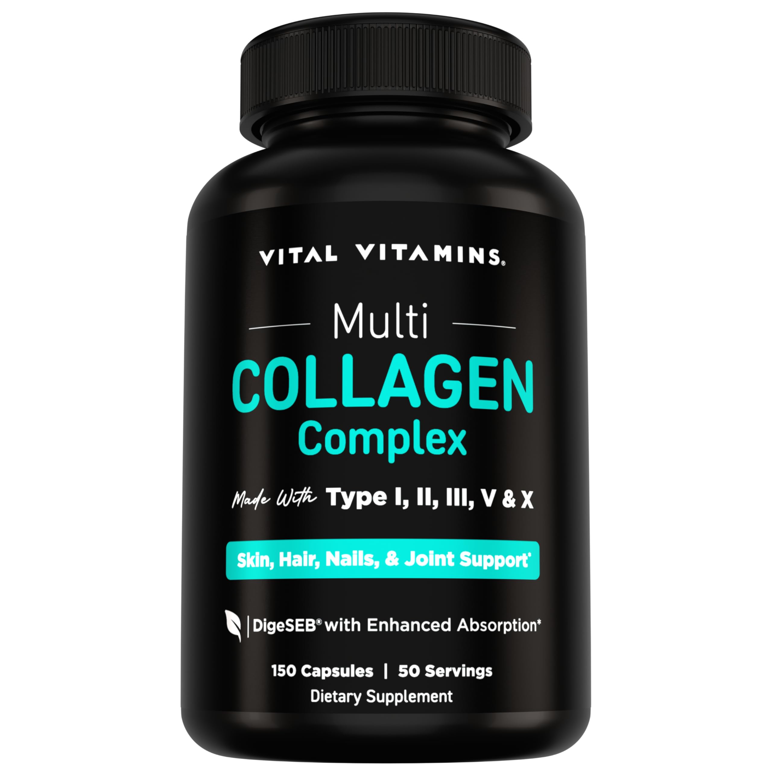Vital Vitamins Multi Collagen for Women & Men - Type I, II, III, V, X - Grass Fed, Non-GMO - 150 Capsules