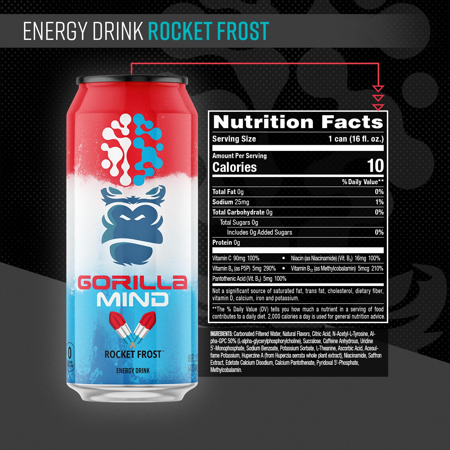 Gorilla Mind Energy Drink | Unmatched Energy · Amplified Focus | N-Acetyl-L-Tyrosine, Alpha-GPC, 200mg Caffeine, Uridine, Saffron | 0 Sugar Or Artificial Colors | 16oz, 12-Pack (Rocket Frost)