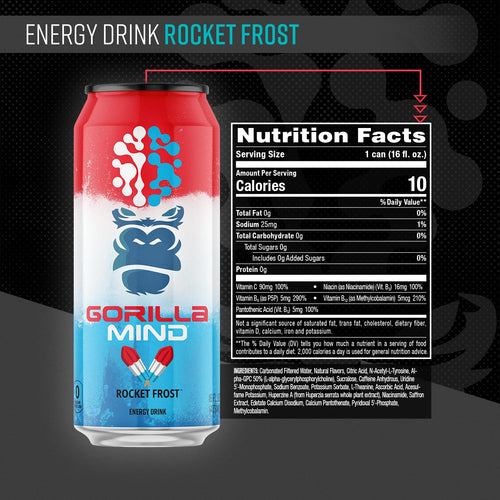 Gorilla Mind Energy Drink | Unmatched Energy · Amplified Focus | N-Acetyl-L-Tyrosine, Alpha-GPC, 200mg Caffeine, Uridine, Saffron | 0 Sugar Or Artificial Colors | 16oz, 12-Pack (Rocket Frost)