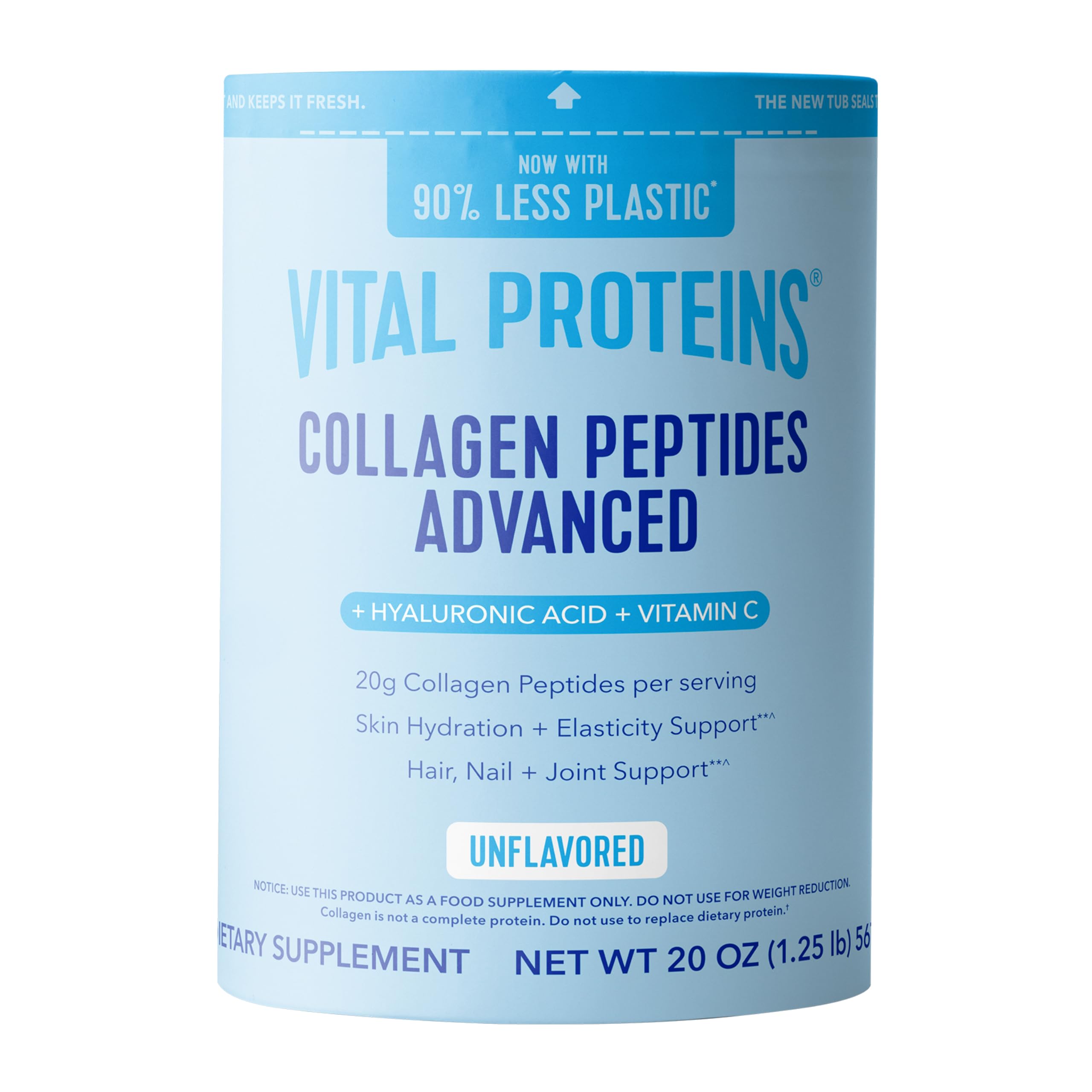 Vital Proteins Collagen Peptides Powder Advanced with Hyaluronic Acid & Vitamin C, 20oz Collagen Protein, Unflavored, 27 Servings