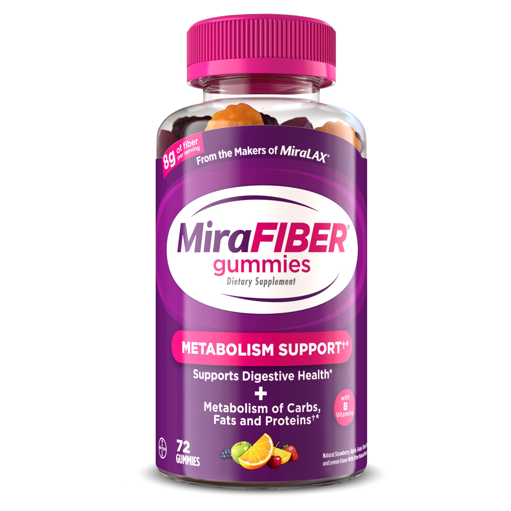 MiraFIBER Gummies from The Makers of MiraLAX, 8g of Daily Fiber Per Serving, Metabolism Support with B Vitamins, Gut Health for Men & Women,Prebiotic Fiber Gummies for Adults, Mixed Fruit Flavor 72Ct