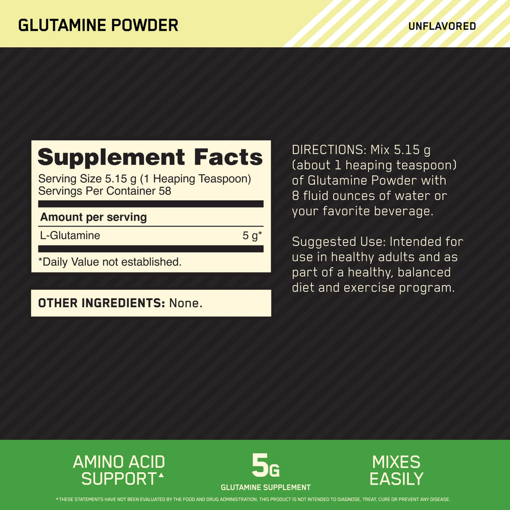 Optimum Nutrition L-Glutamine Muscle Recovery Powder, 300g, Unflavored, 58 Servings