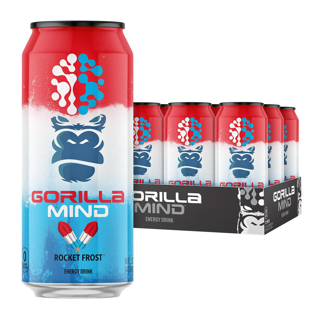 Gorilla Mind Energy Drink | Unmatched Energy · Amplified Focus | N-Acetyl-L-Tyrosine, Alpha-GPC, 200mg Caffeine, Uridine, Saffron | 0 Sugar Or Artificial Colors | 16oz, 12-Pack (Rocket Frost)