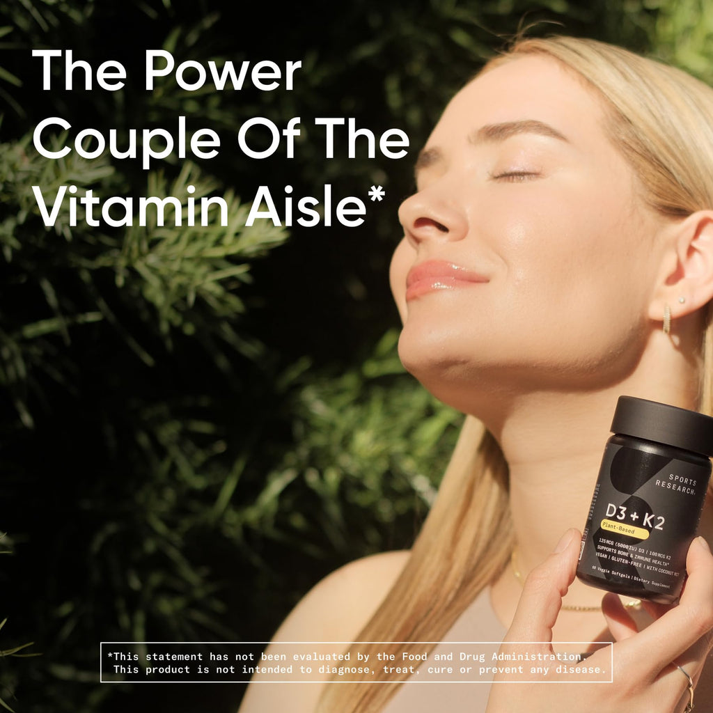 Sports Research® Vitamin D3 + K2 w/ Coconut Oil - Vegan Vitamin D 5000iu & Mk7 Vitamin K 100mcg for Bone & Immune Support - Vegan Certified · Non-GMO · Soy Free - 60 Softgels