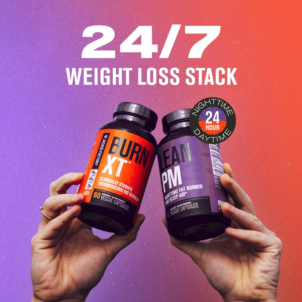 Jacked Factory Lean PM Night Time Fat Burner, Sleep Aid Supplement, & Appetite Suppressant (60 Capsules) & Burn-XT Clinically Studied Fat Burner & Weight Loss Supplement (120 Capsules)