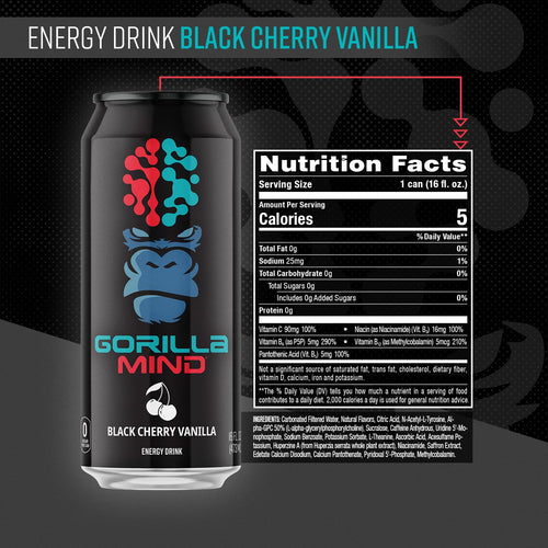 Gorilla Mind Energy Drink | Unmatched Energy · Amplified Focus | N-Acetyl-L-Tyrosine, Alpha-GPC, 200mg Caffeine, Uridine, Saffron | 0 Sugar Or Artificial Colors | 16oz, 12-Pack (Black Cherry Vanilla)