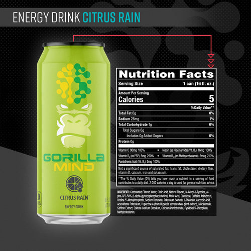 Gorilla Mind Energy Drink | Unmatched Energy · Amplified Focus | N-Acetyl-L-Tyrosine, Alpha-GPC, 200mg Caffeine, Uridine, Saffron | 0 Sugar Or Artificial Colors | 16oz, 12-Pack (Citrus Rain)