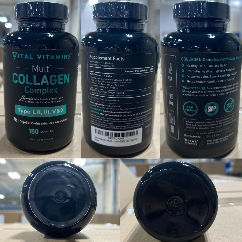 Vital Vitamins Multi Collagen for Women & Men - Type I, II, III, V, X - Grass Fed, Non-GMO - 150 Capsules