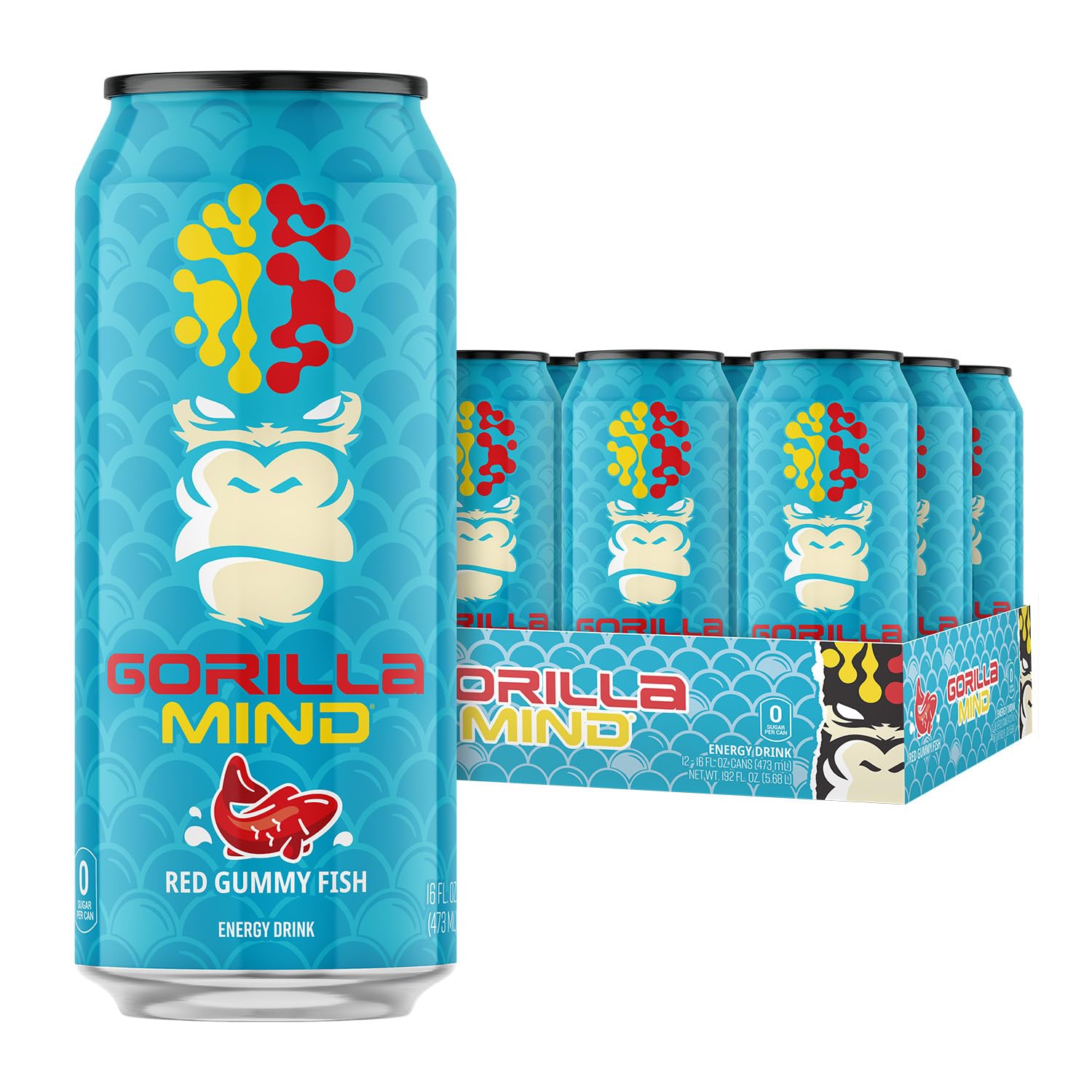 Gorilla Mind Energy Drink | Unmatched Energy · Amplified Focus | N-Acetyl-L-Tyrosine, Alpha-GPC, 200mg Caffeine, Uridine, Saffron | 0 Sugar Or Artificial Colors | 16oz, 12-Pack (Red Gummy Fish)