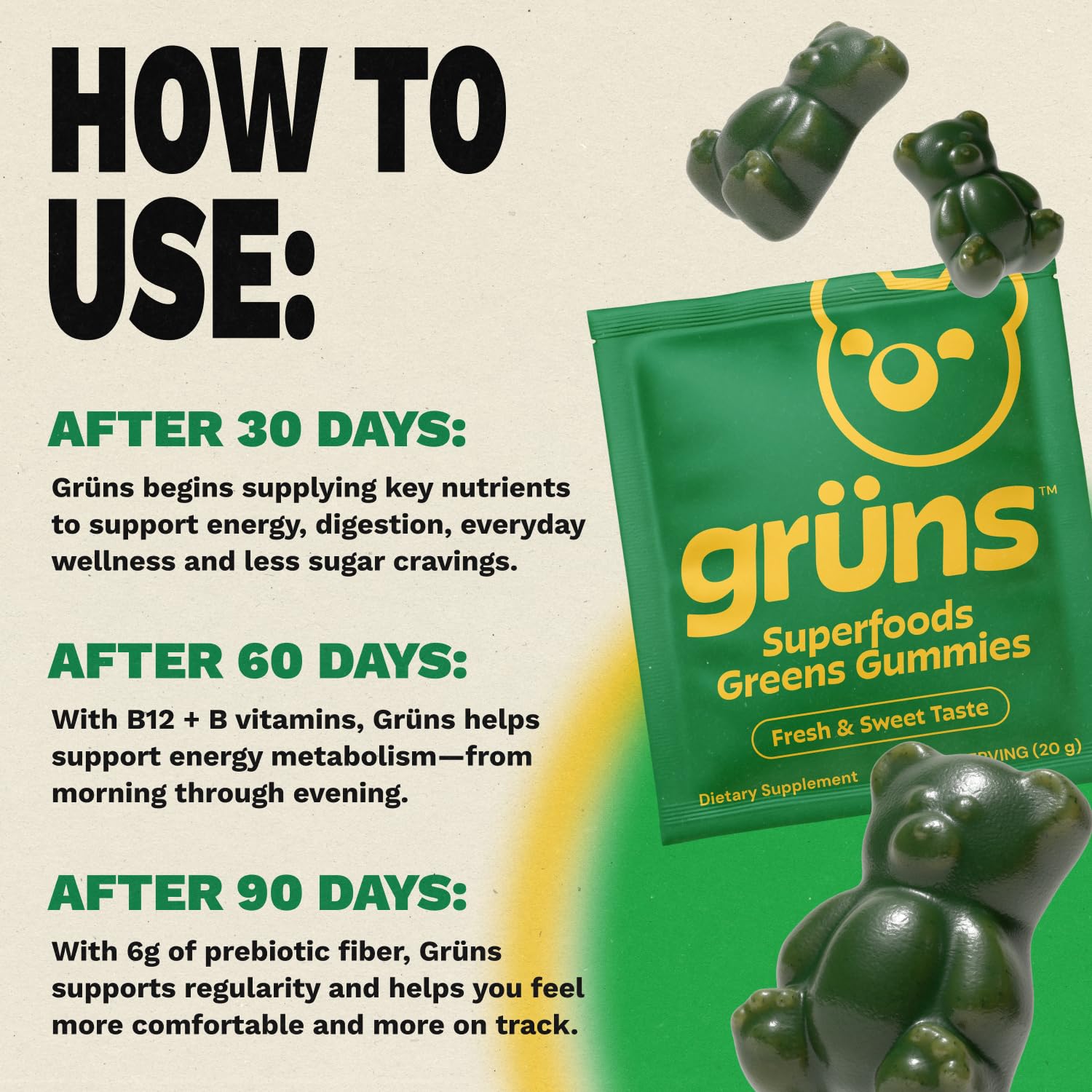 Gruns Adult Super Greens Multivitamin Gummies, Superfood Gummy Vitamins for Women and Men with Spirulina, Chlorella, Adaptogens & Prebiotic Fiber for Digestive Health (28 Count)