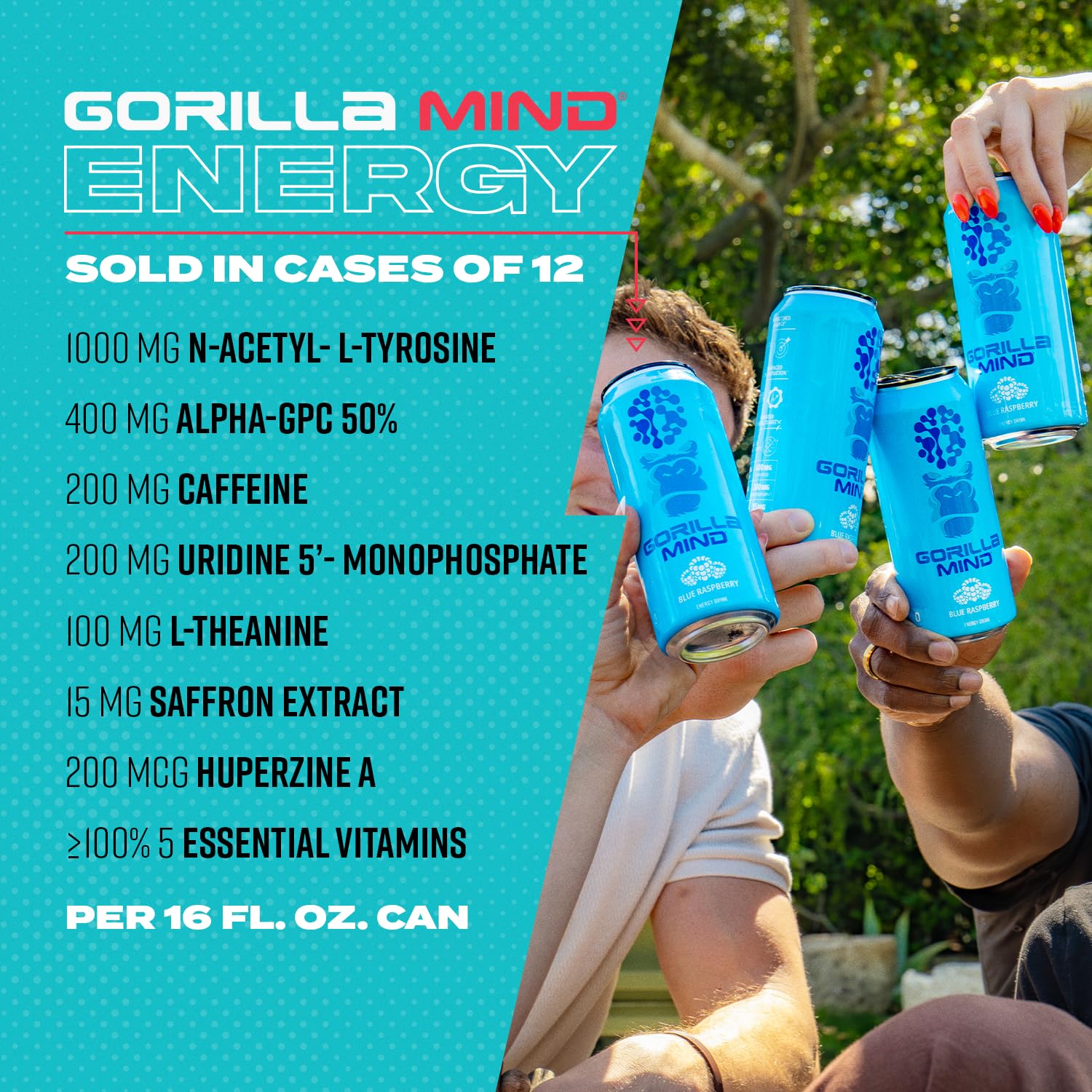 Gorilla Mind Energy Drink | Unmatched Energy · Amplified Focus | N-Acetyl-L-Tyrosine, Alpha-GPC, 200mg Caffeine, Uridine, Saffron | 0 Sugar Or Artificial Colors | 16oz, 12-Pack (Rocket Frost)