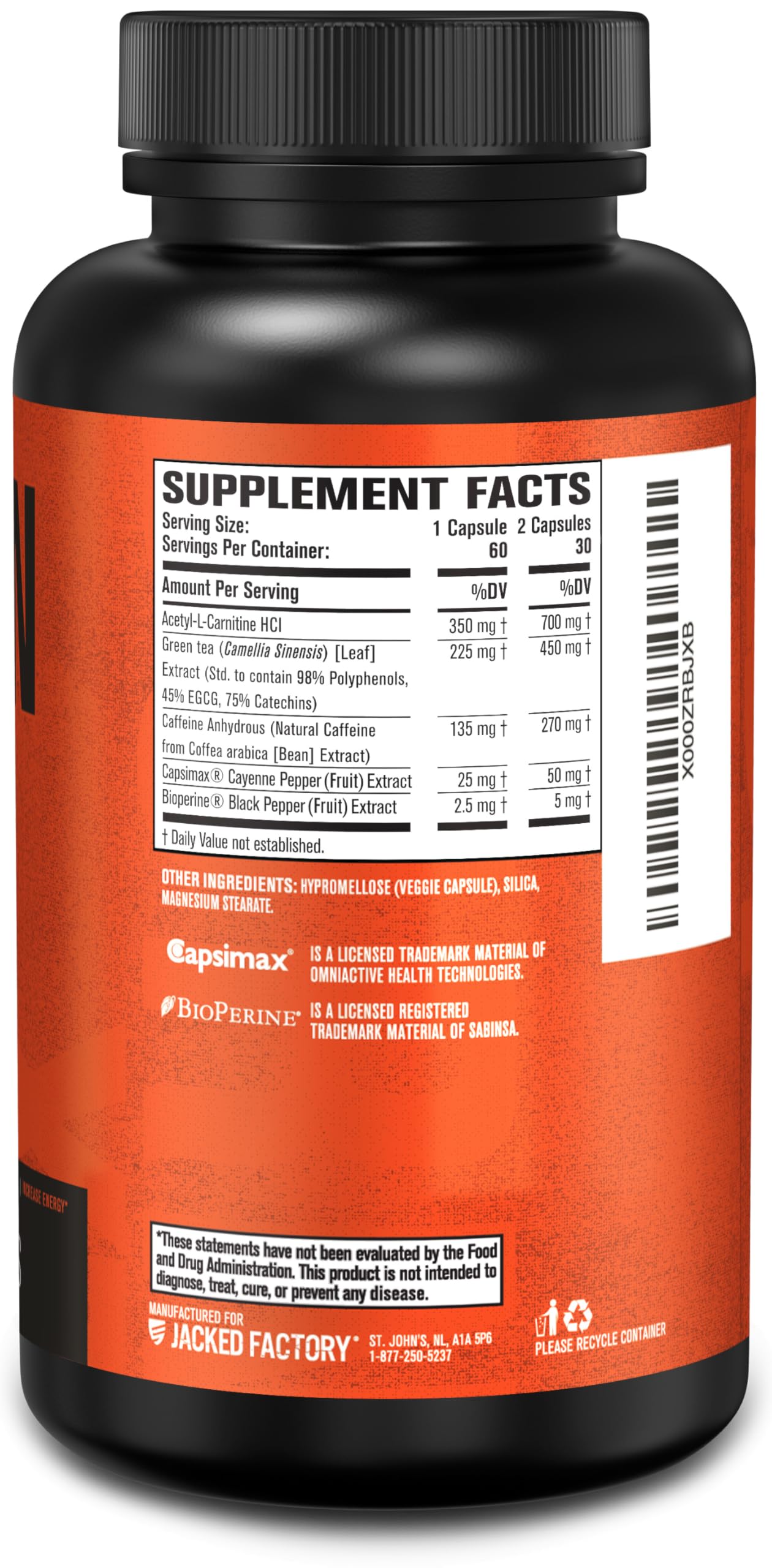 Jacked Factory Burn-XT Clinically Studied Fat Burner & Weight Loss Supplement - Appetite Suppressant & Energy Booster - with Acetyl L-Carnitine, Green Tea Extract and More - 60 Natural Diet Pills