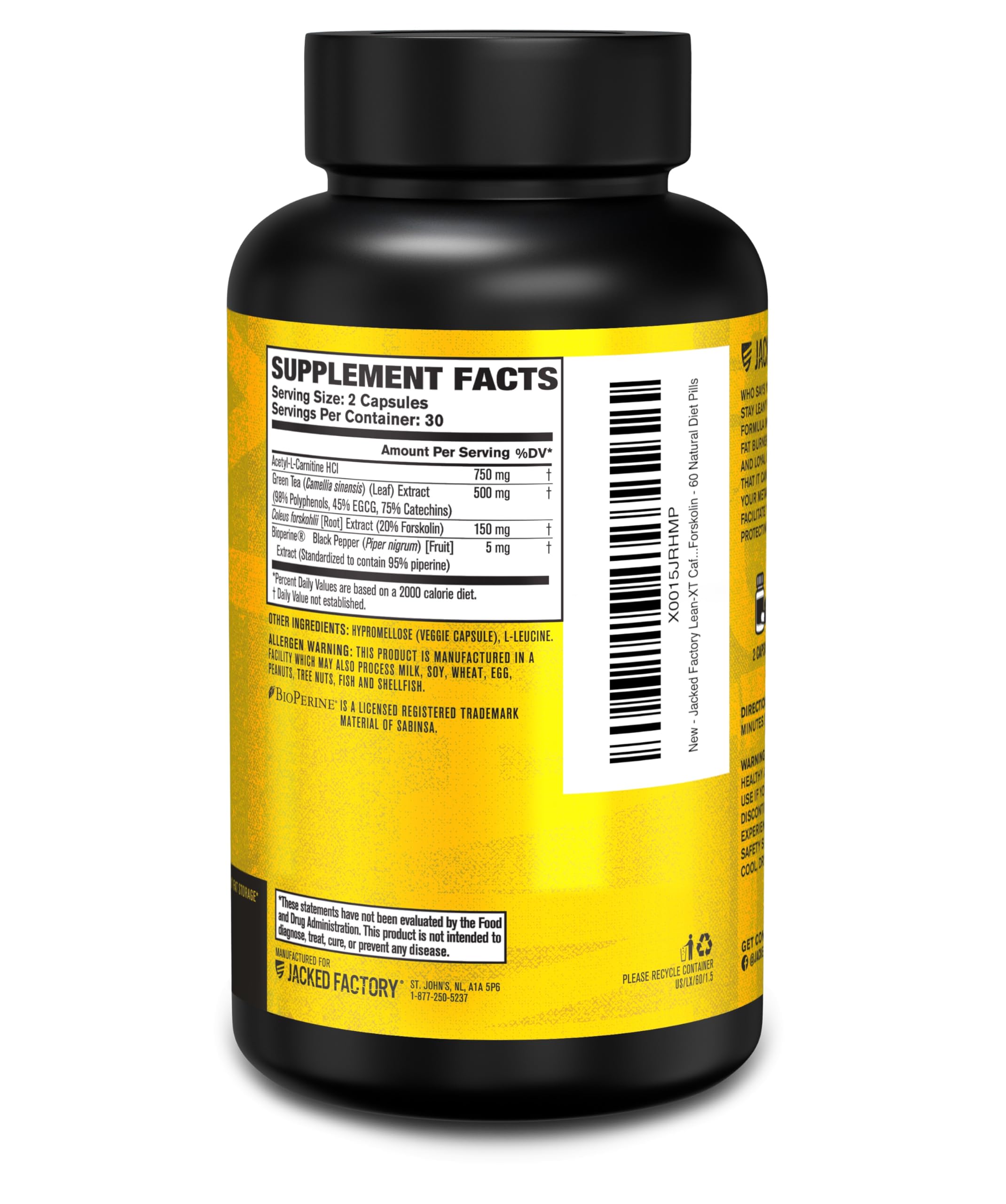 Jacked Factory Lean-XT Caffeine Free Fat Burner - Non Stim Weight Loss Supplement, Appetite Suppressant & Metabolism Booster | Acetyl L-Carnitine, Green Tea Extract, Forskolin - 60 Natural Diet Pills