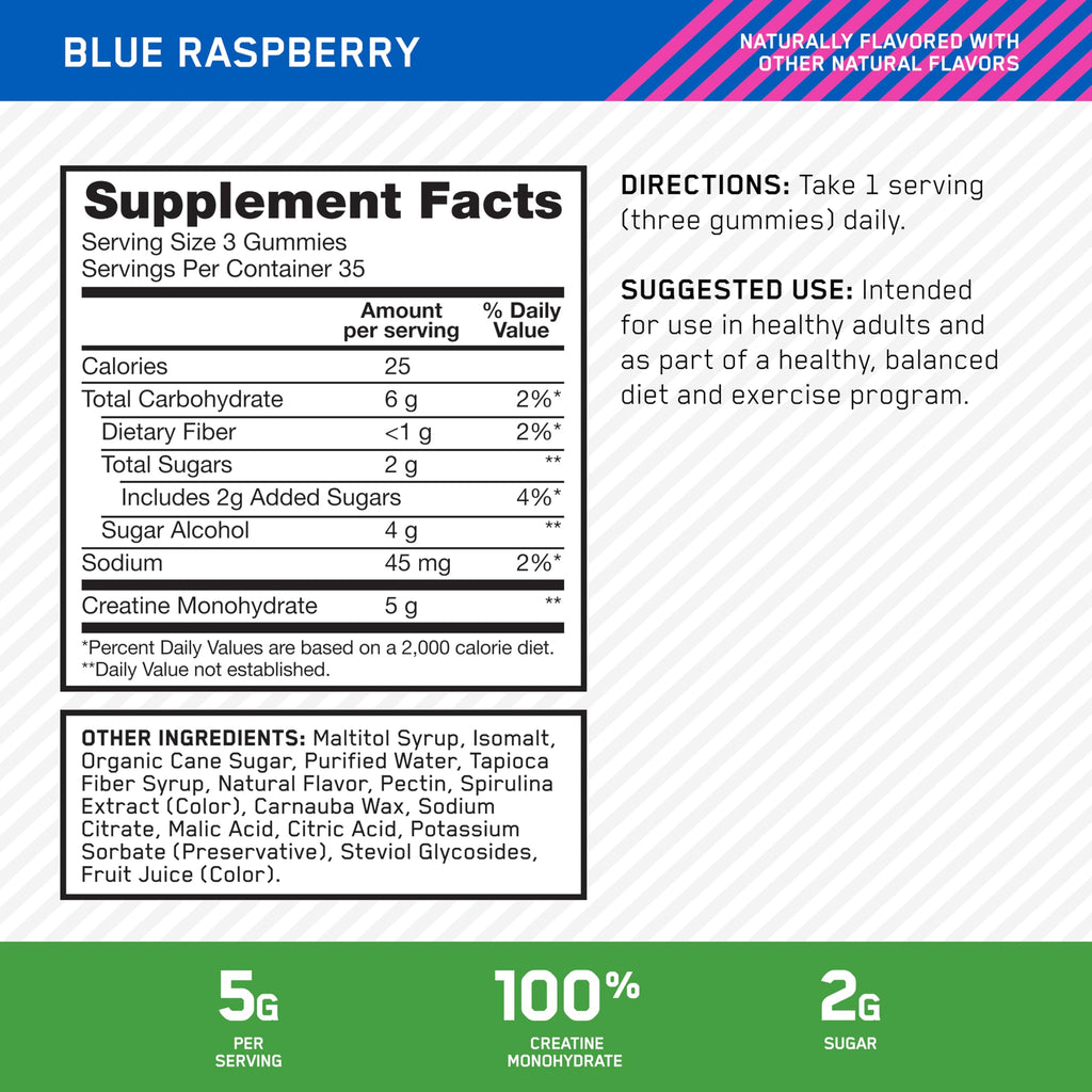 Optimum Nutrition Creatine Monohydrate Gummies, Blue Raspberry Flavor, 105 Count, 35 Servings, 5g Creatine per Serving (Packaging May Vary)