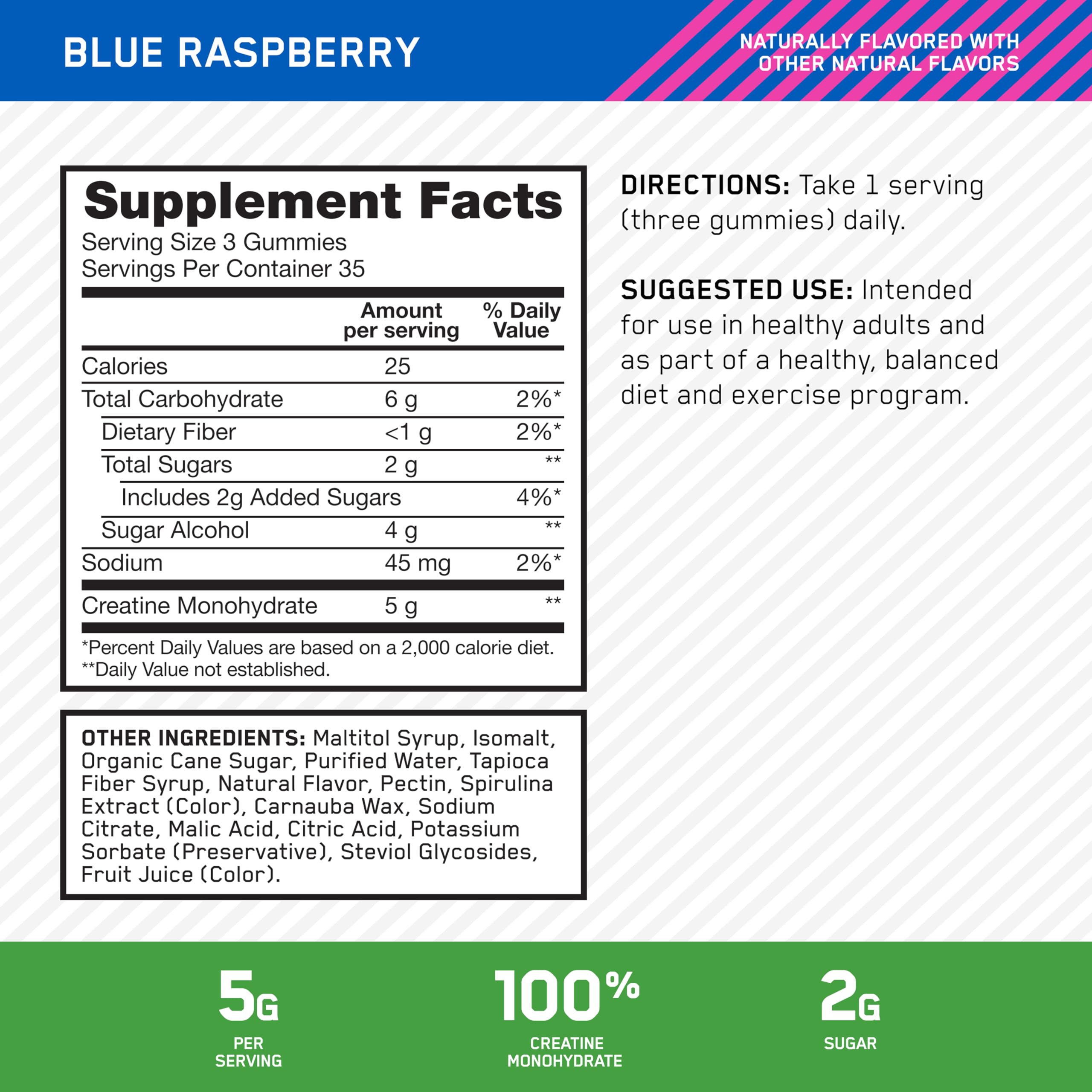 Optimum Nutrition Creatine Monohydrate Gummies, Blue Raspberry Flavor, 105 Count, 35 Servings, 5g Creatine per Serving (Packaging May Vary)