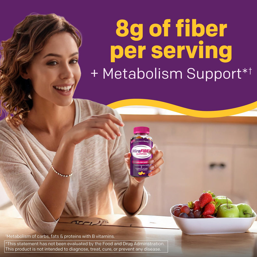 MiraFIBER Gummies from The Makers of MiraLAX, 8g of Daily Fiber Per Serving, Metabolism Support with B Vitamins, Gut Health for Men & Women,Prebiotic Fiber Gummies for Adults, Mixed Fruit Flavor 72Ct