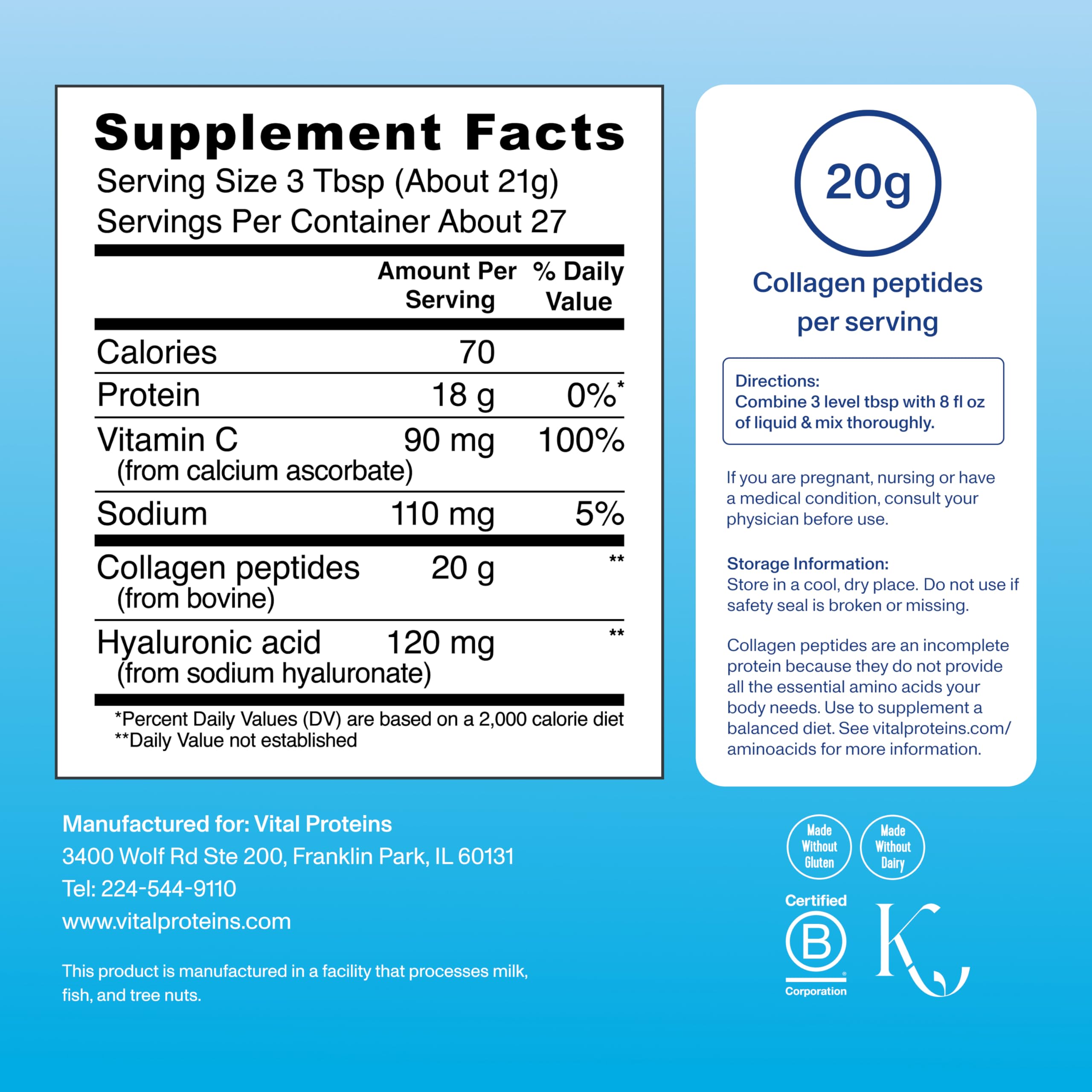 Vital Proteins Collagen Peptides Powder Advanced with Hyaluronic Acid & Vitamin C, 20oz Collagen Protein, Unflavored, 27 Servings