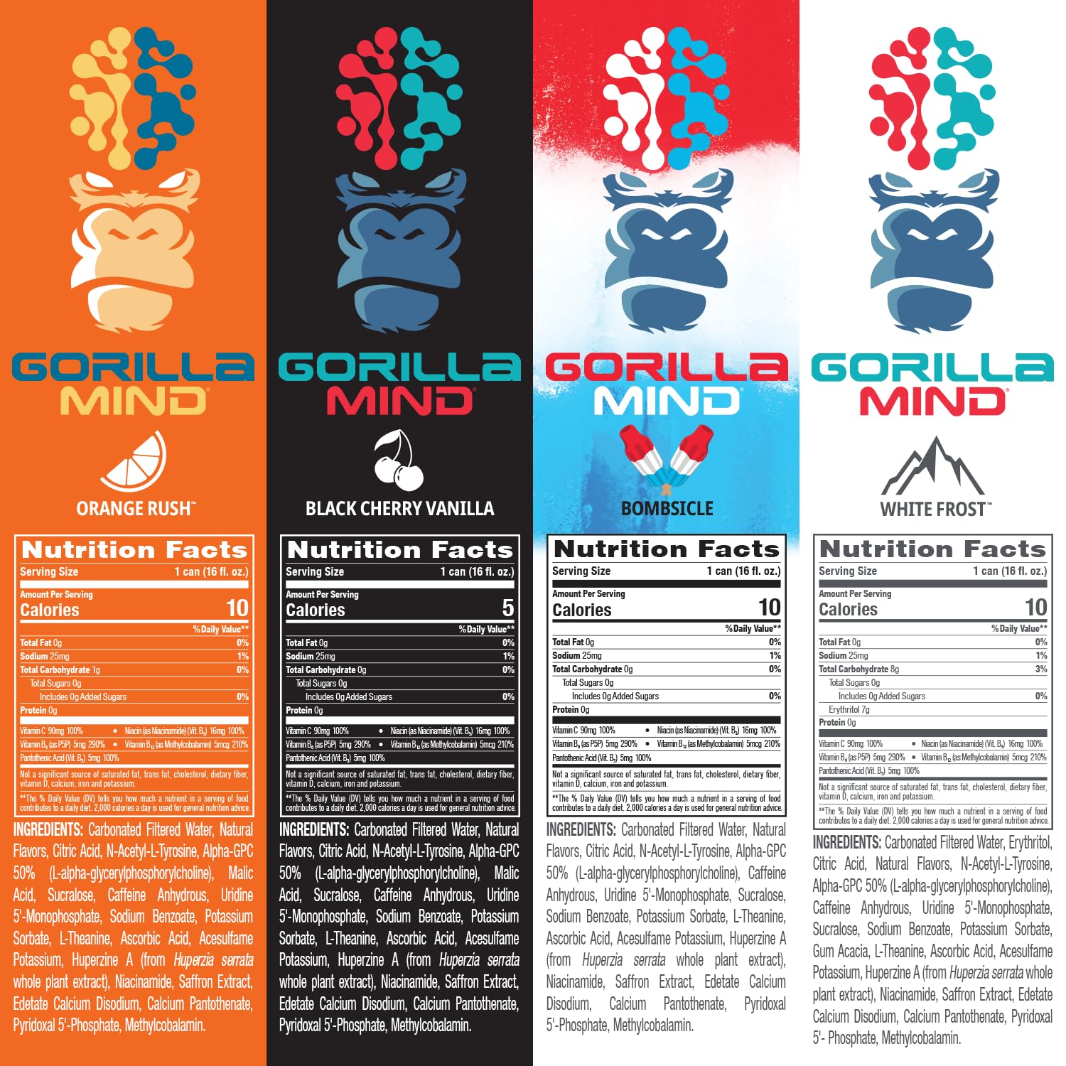 Gorilla Mind Energy Drink | Unmatched Energy · Amplified Focus | N-Acetyl-L-Tyrosine, Alpha-GPC, 200mg Caffeine, Uridine, Saffron | 0 Sugar Or Artificial Colors | 16oz | 12-Pack (Variety Pack #2)