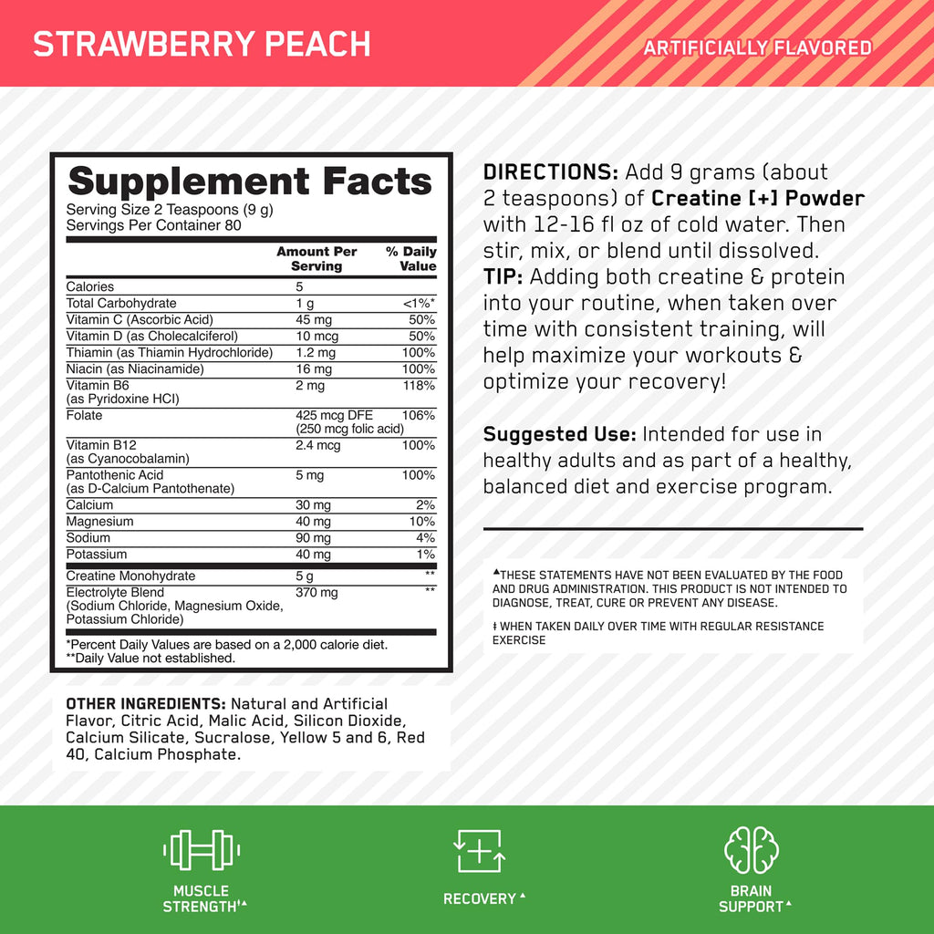 Optimum Nutrition Creatine Monohydrate Plus Powder, Strawberry Peach Flavored Creatine Performance Blend, with Electrolytes for Hydration, Added Vitamins, 80 Servings, 720 Grams (Packaging May Vary)