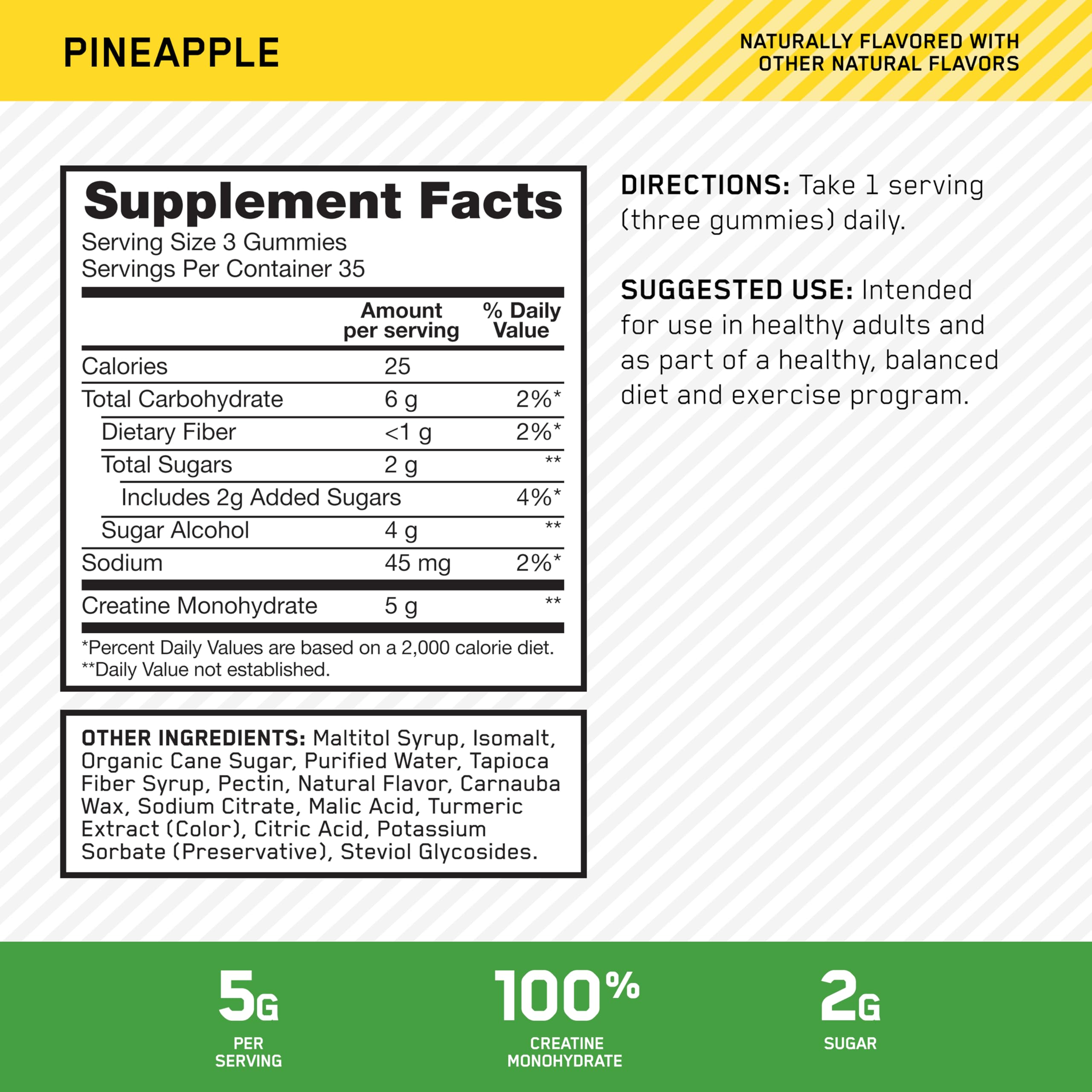 Optimum Nutrition Creatine Monohydrate Gummies, Pineapple Flavor, 105 Count, 35 Servings, 5g Creatine per Serving (Packaging May Vary)