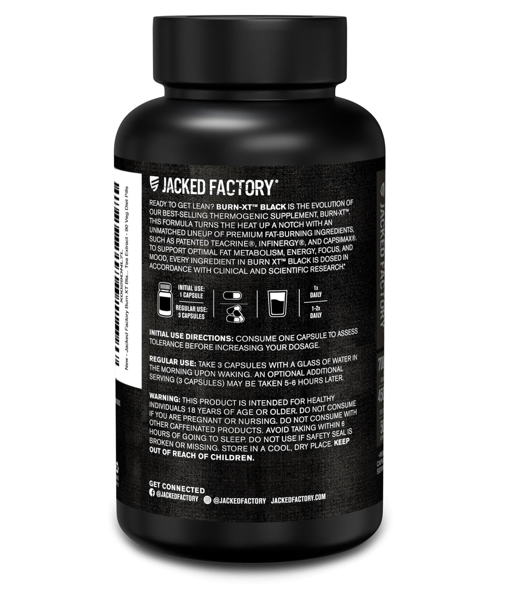 Jacked Factory Burn XT Black Thermogenic Fat Burner - Weight Loss Supplement, Appetite Suppressant, Nootropic Energy Booster | TeaCrine, Acetyl L-Carnitine, Green Tea Extract - 90 Veg Diet Pills