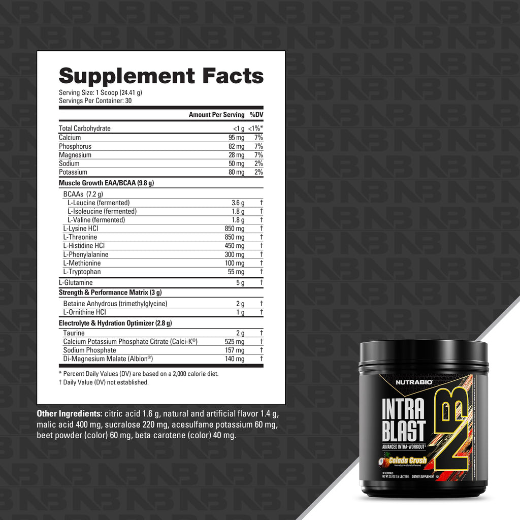 NutraBio Intra Blast Pre Workout & Muscle Recovery, Colada Crush, 30 Serving