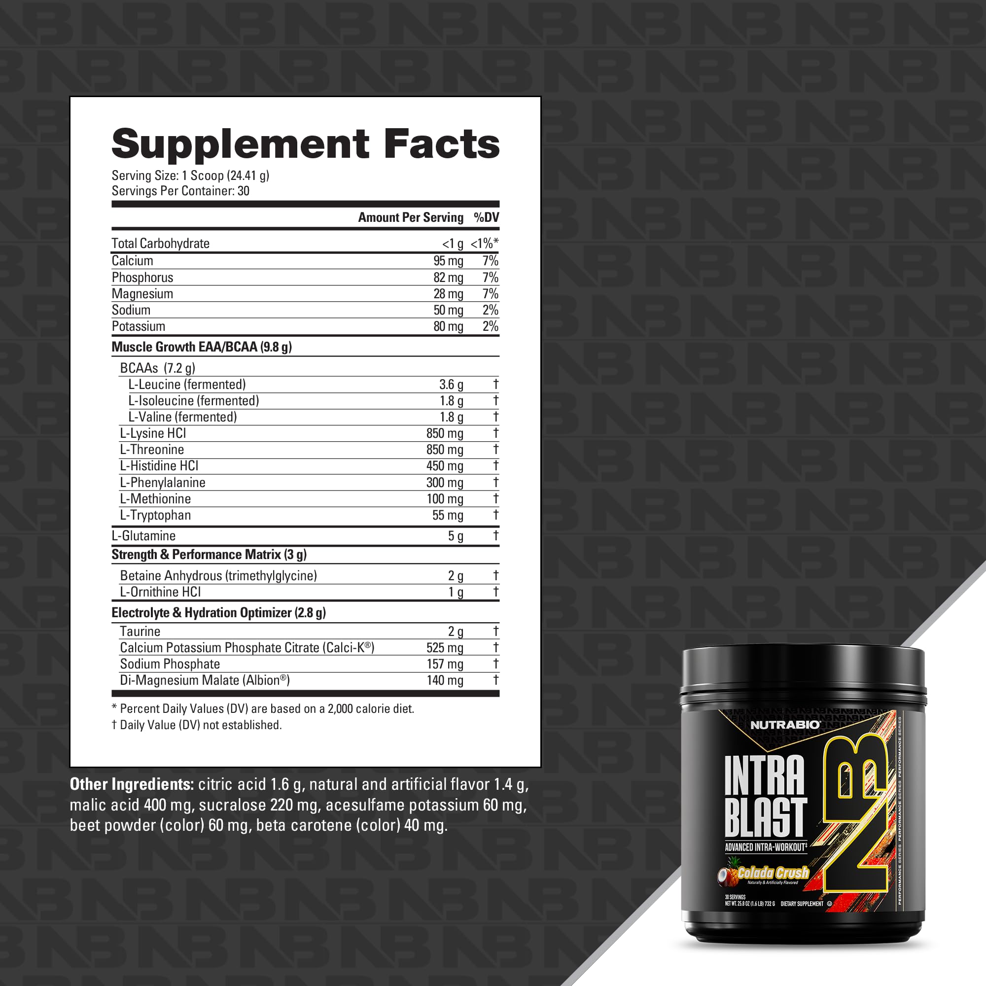 NutraBio Intra Blast Pre Workout & Muscle Recovery, Colada Crush, 30 Serving