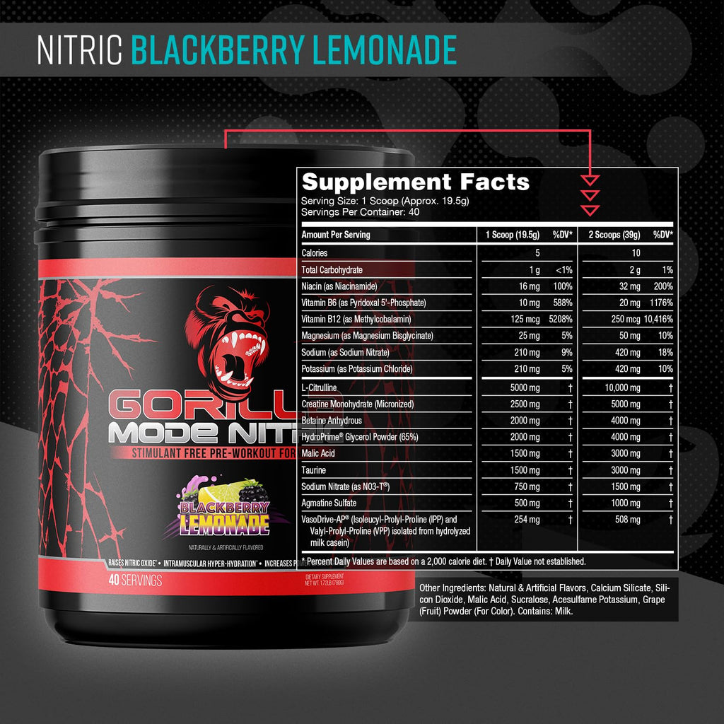 Gorilla Mode Nitric Upgraded Stimulant Free Pre-Workout – (BlackBerry Lemonade)