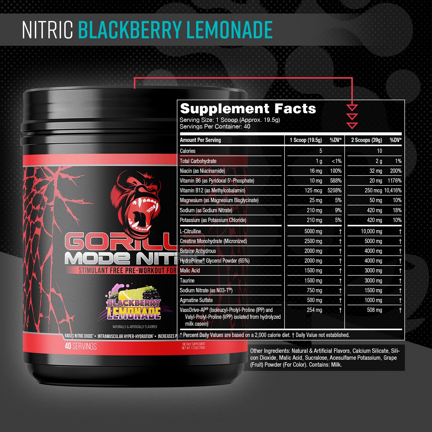 Gorilla Mode Nitric Upgraded Stimulant Free Pre-Workout – (BlackBerry Lemonade)