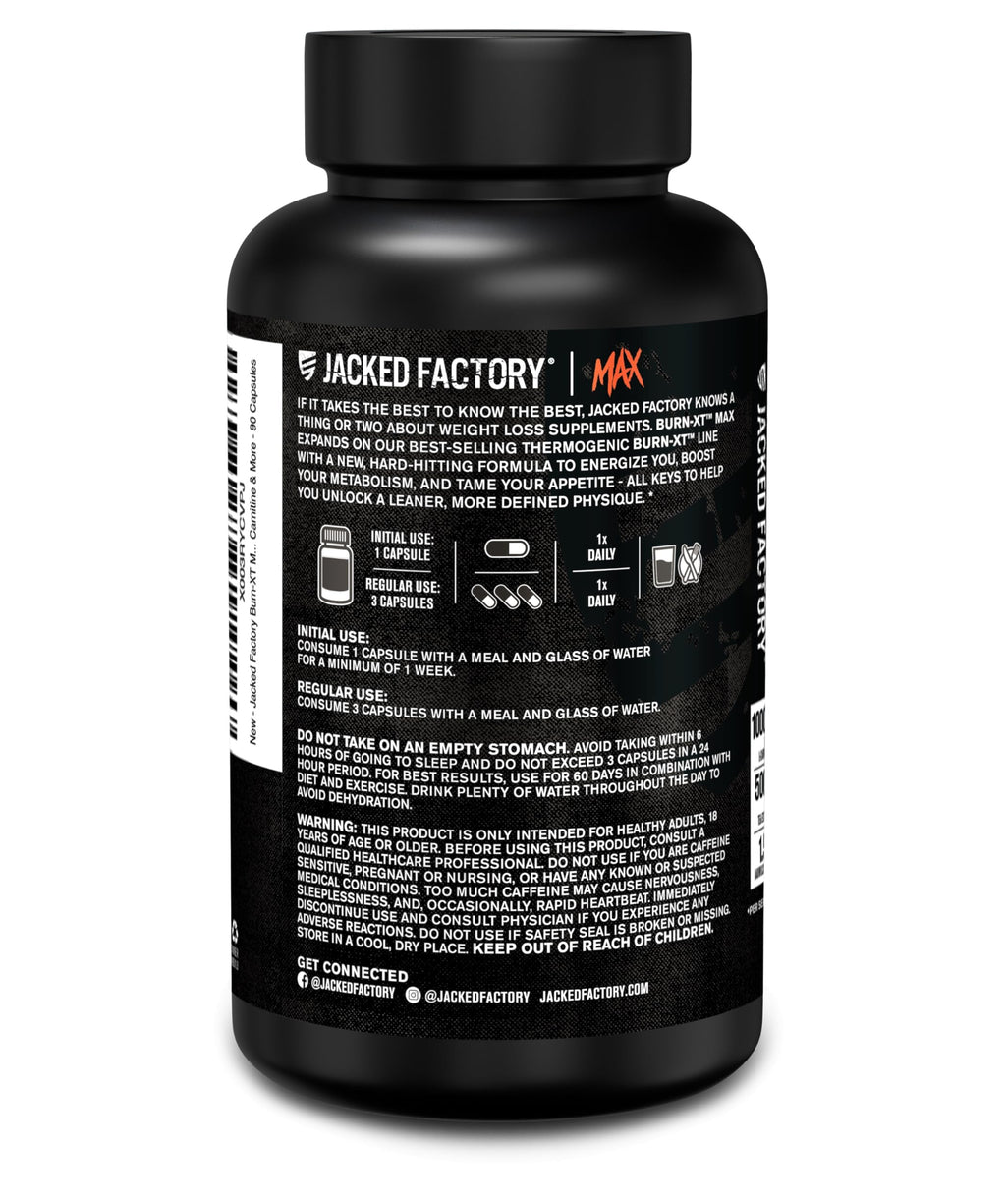 Jacked Factory Burn-XT Max - High-Performance Thermogenic Fat Burner & Appetite Suppressant for Weight Loss w/PurCaf Organic Caffeine, MitoBurn, Green Tea, Acetyl L Carnitine & More - 90 Capsules