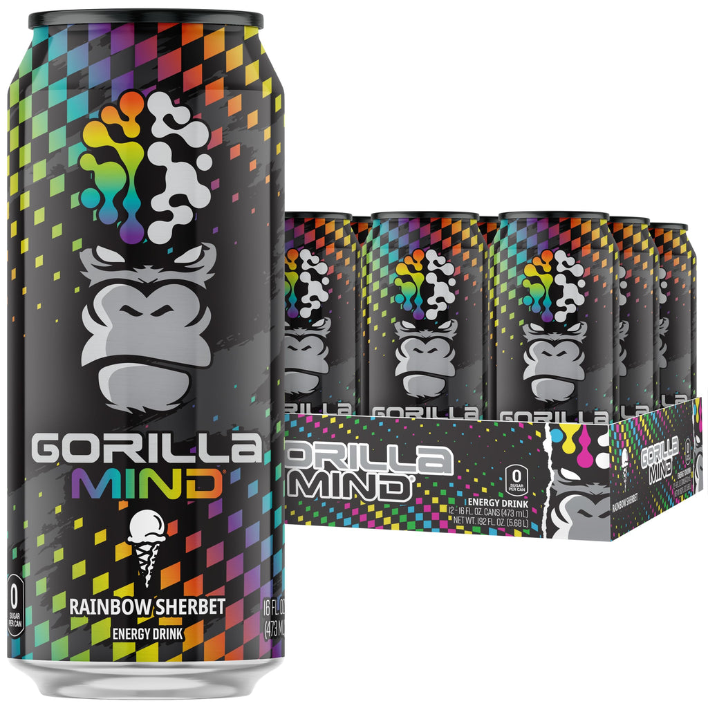 Gorilla Mind Energy Drink | Unmatched Energy · Amplified Focus | N-Acetyl-L-Tyrosine, Alpha-GPC, 200mg Caffeine, Uridine, Saffron | 0 Sugar Or Artificial Colors | 16oz, 12-Pack (Rainbow Sherbet)