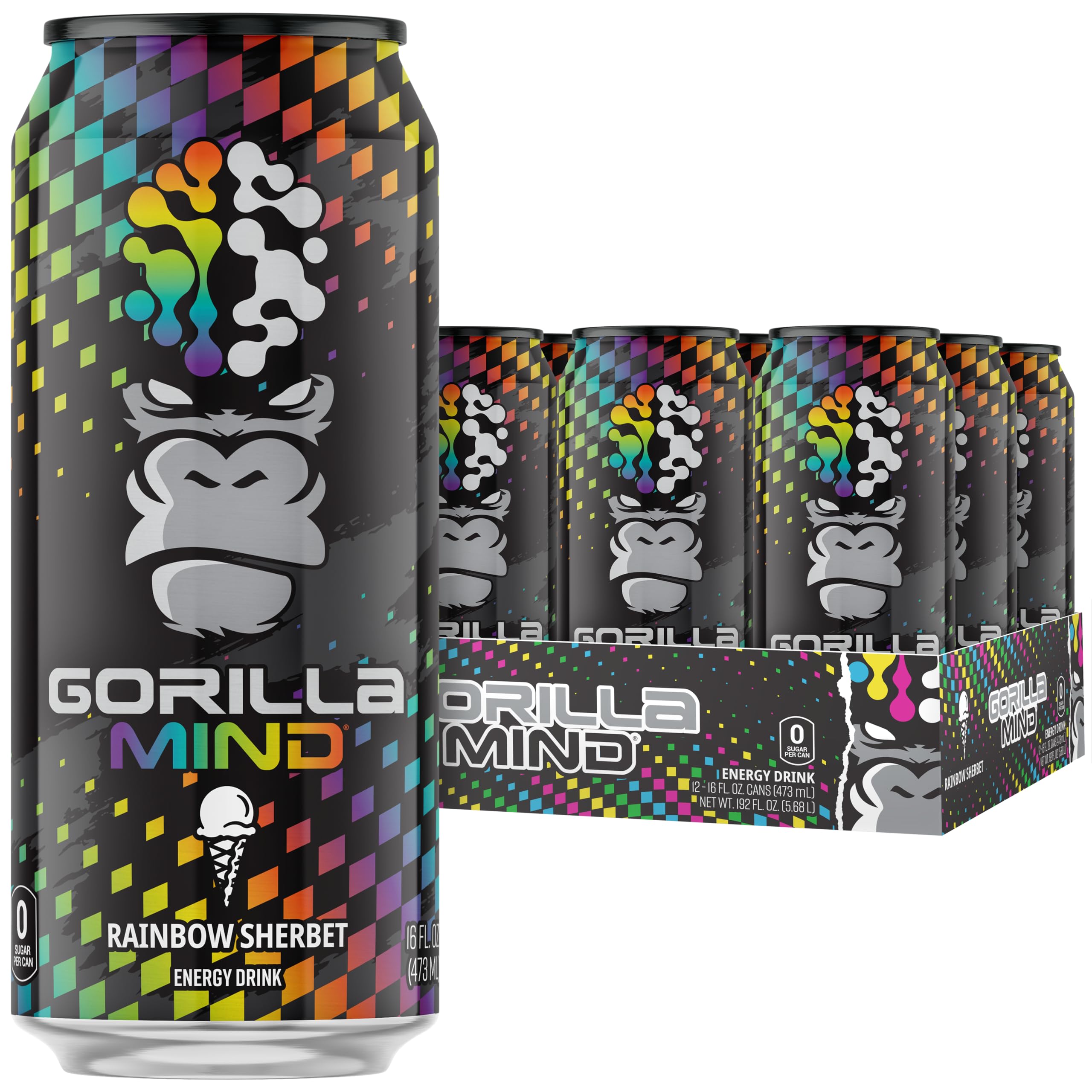 Gorilla Mind Energy Drink | Unmatched Energy · Amplified Focus | N-Acetyl-L-Tyrosine, Alpha-GPC, 200mg Caffeine, Uridine, Saffron | 0 Sugar Or Artificial Colors | 16oz, 12-Pack (Rainbow Sherbet)