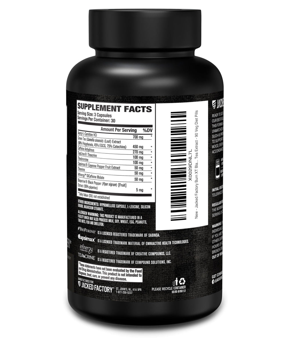 Jacked Factory Burn XT Black Thermogenic Fat Burner - Weight Loss Supplement, Appetite Suppressant, Nootropic Energy Booster | TeaCrine, Acetyl L-Carnitine, Green Tea Extract - 90 Veg Diet Pills