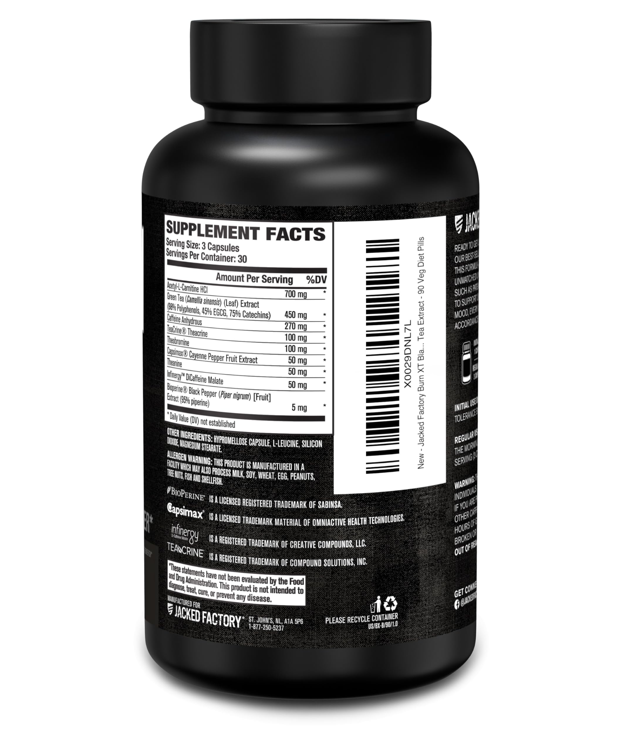 Jacked Factory Burn XT Black Thermogenic Fat Burner - Weight Loss Supplement, Appetite Suppressant, Nootropic Energy Booster | TeaCrine, Acetyl L-Carnitine, Green Tea Extract - 90 Veg Diet Pills
