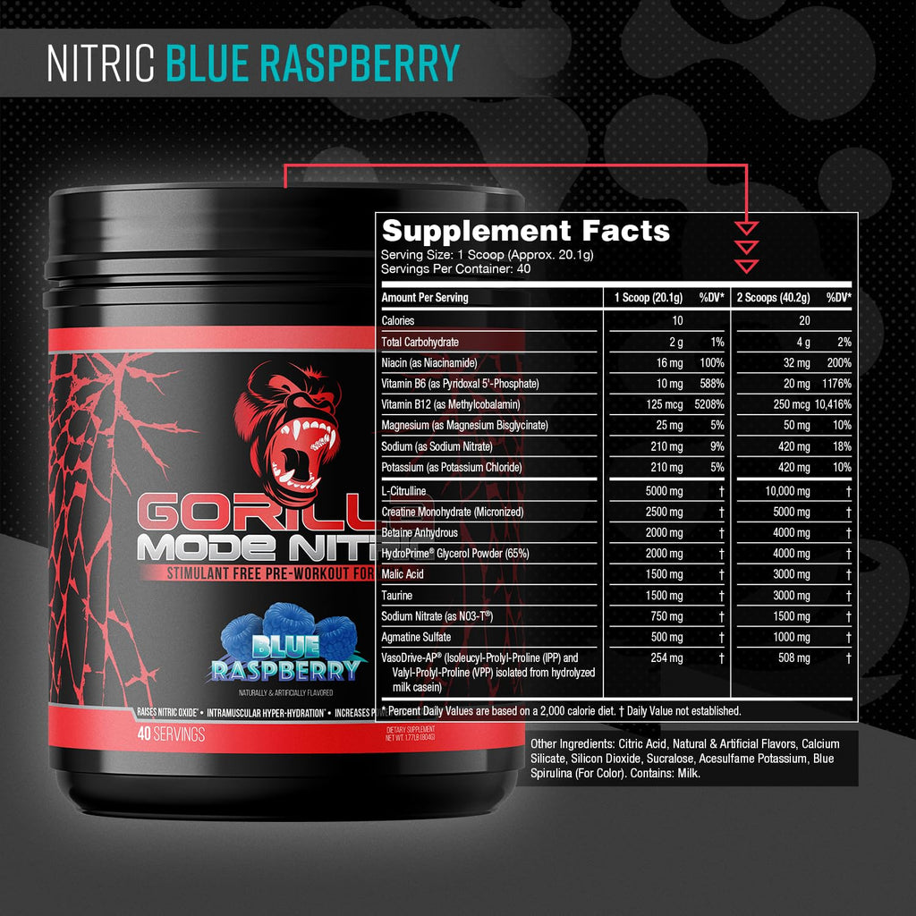 Gorilla Mode Nitric Upgraded Stimulant Free Pre-Workout – (Blue Raspberry)