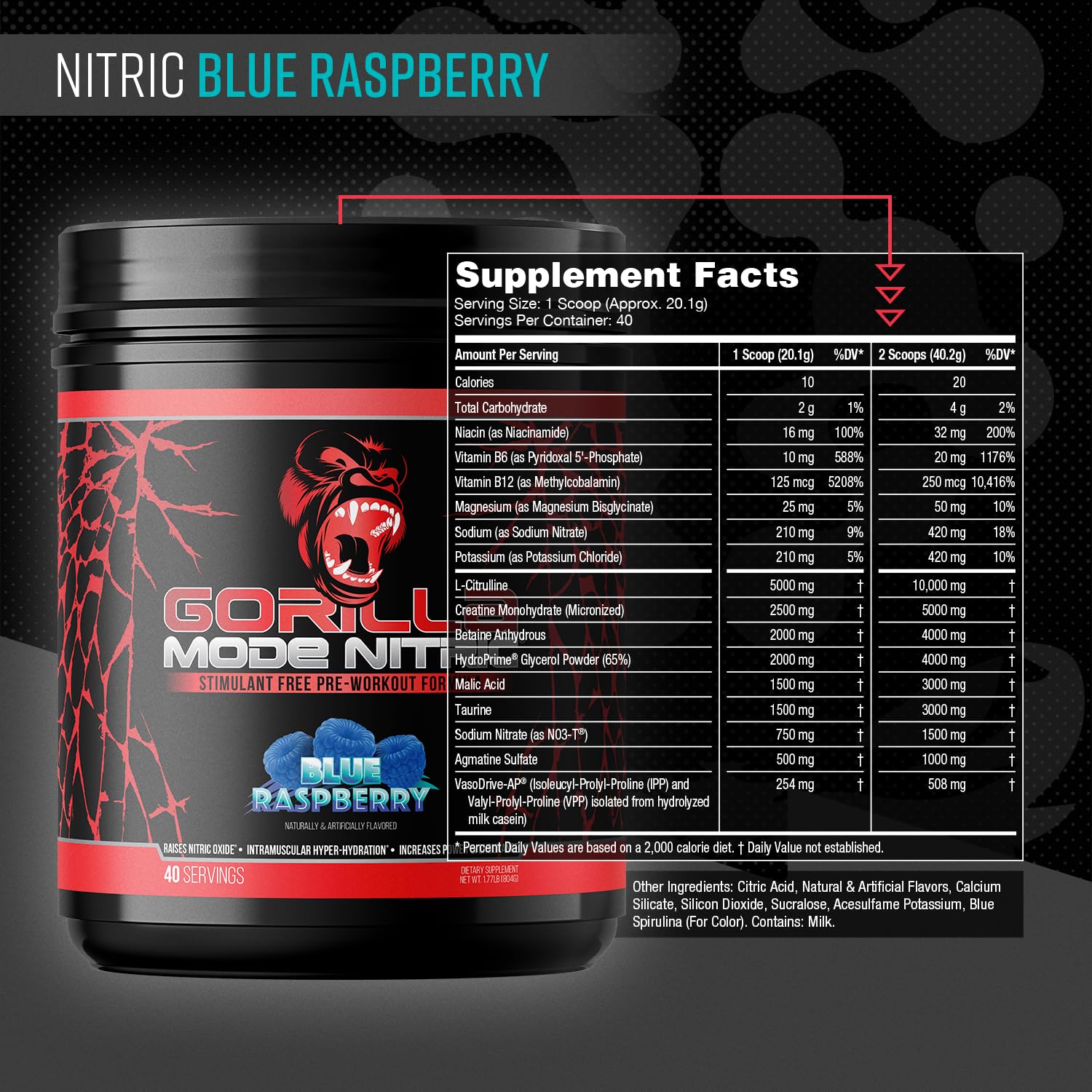 Gorilla Mode Nitric Upgraded Stimulant Free Pre-Workout – (Blue Raspberry)
