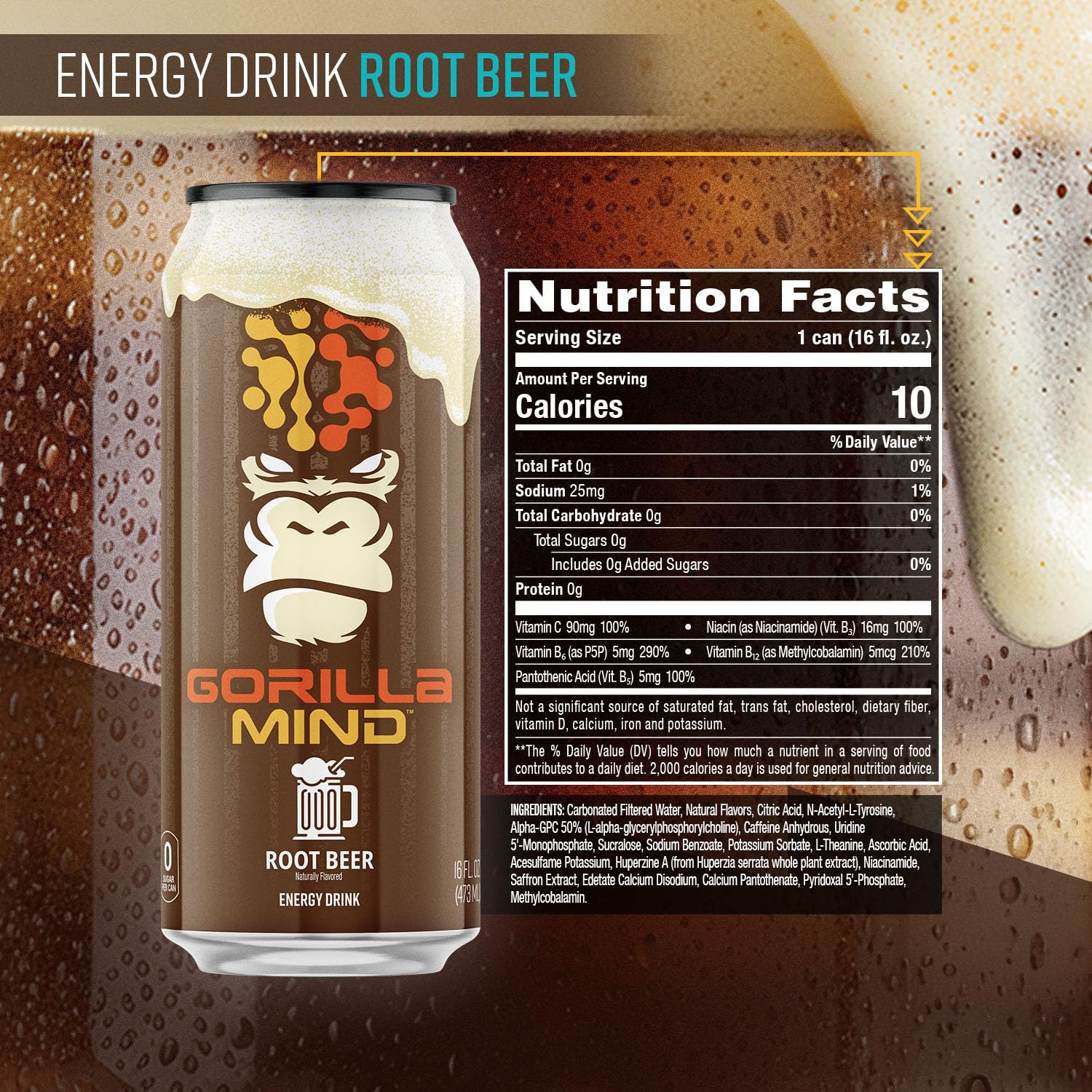 Gorilla Mind Energy Drink | Unmatched Energy · Amplified Focus | N-Acetyl-L-Tyrosine, Alpha-GPC, 200mg Caffeine, Uridine, Saffron | 0 Sugar Or Artificial Colors | 16oz, 12-Pack (Root Beer)