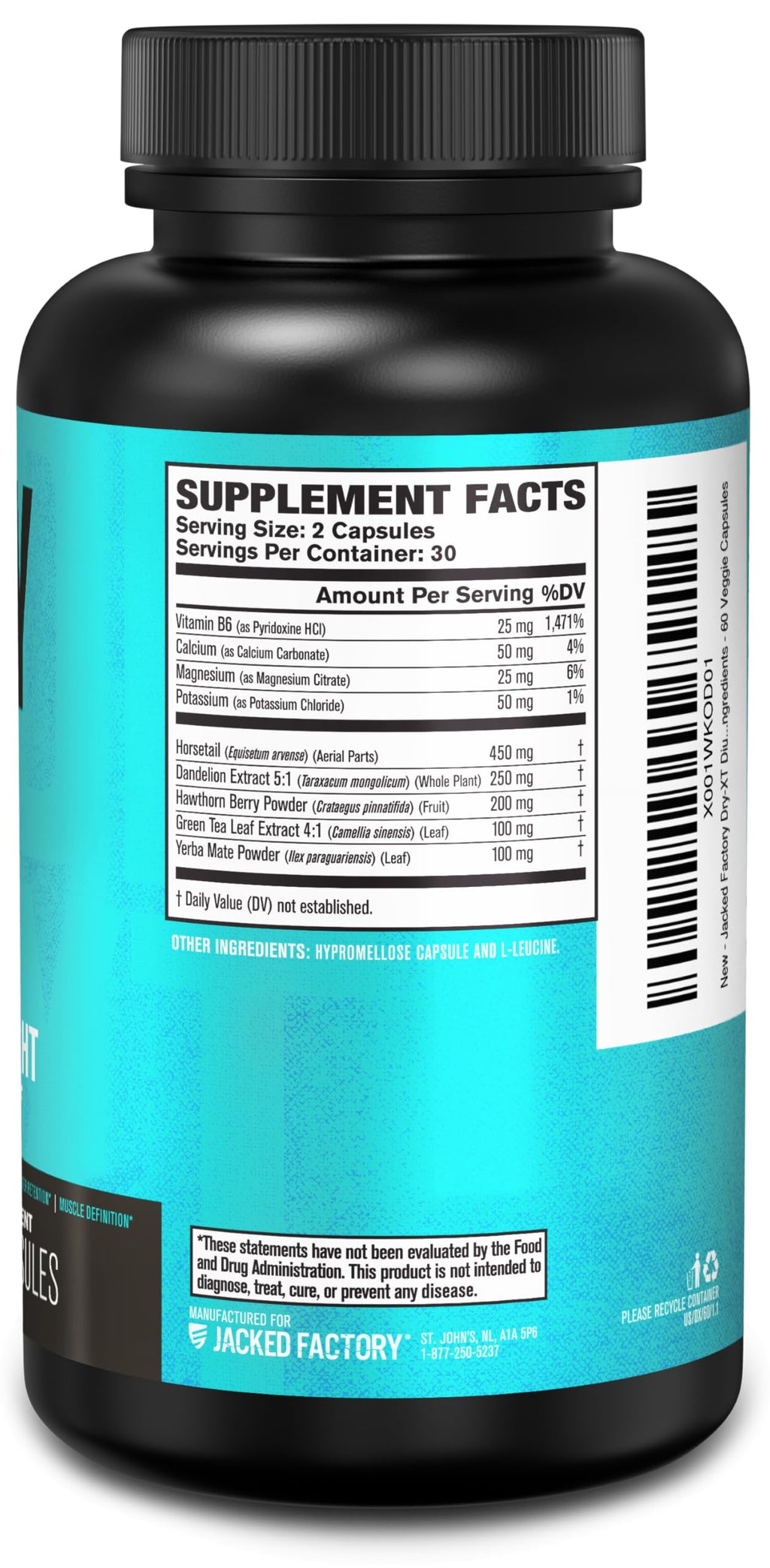 Jacked Factory Dry-XT Diuretic Water Pills - Natural Supplement | Reduces Water Retention & Bloating | Dandelion Root Extract, Potassium, 7 More Powerful Ingredients - 60 Veggie Capsules