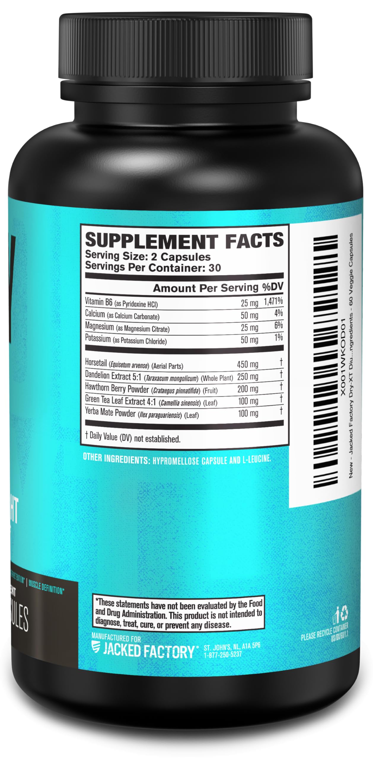 Jacked Factory Dry-XT Diuretic Water Pills - Natural Supplement | Reduces Water Retention & Bloating | Dandelion Root Extract, Potassium, 7 More Powerful Ingredients - 60 Veggie Capsules